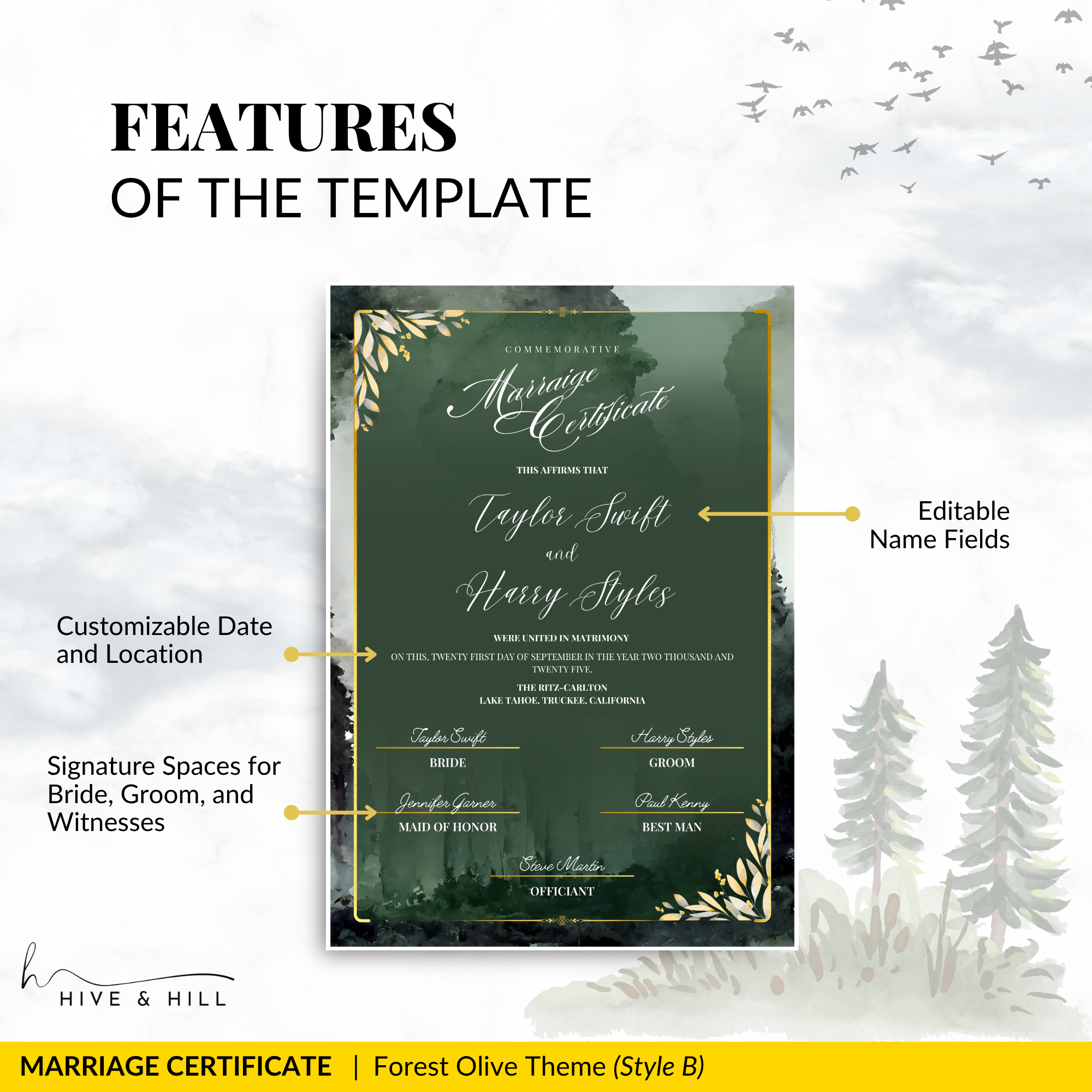 Woodland Harmony Portrait Wedding Certificate – Elegant Forest-Inspired Design