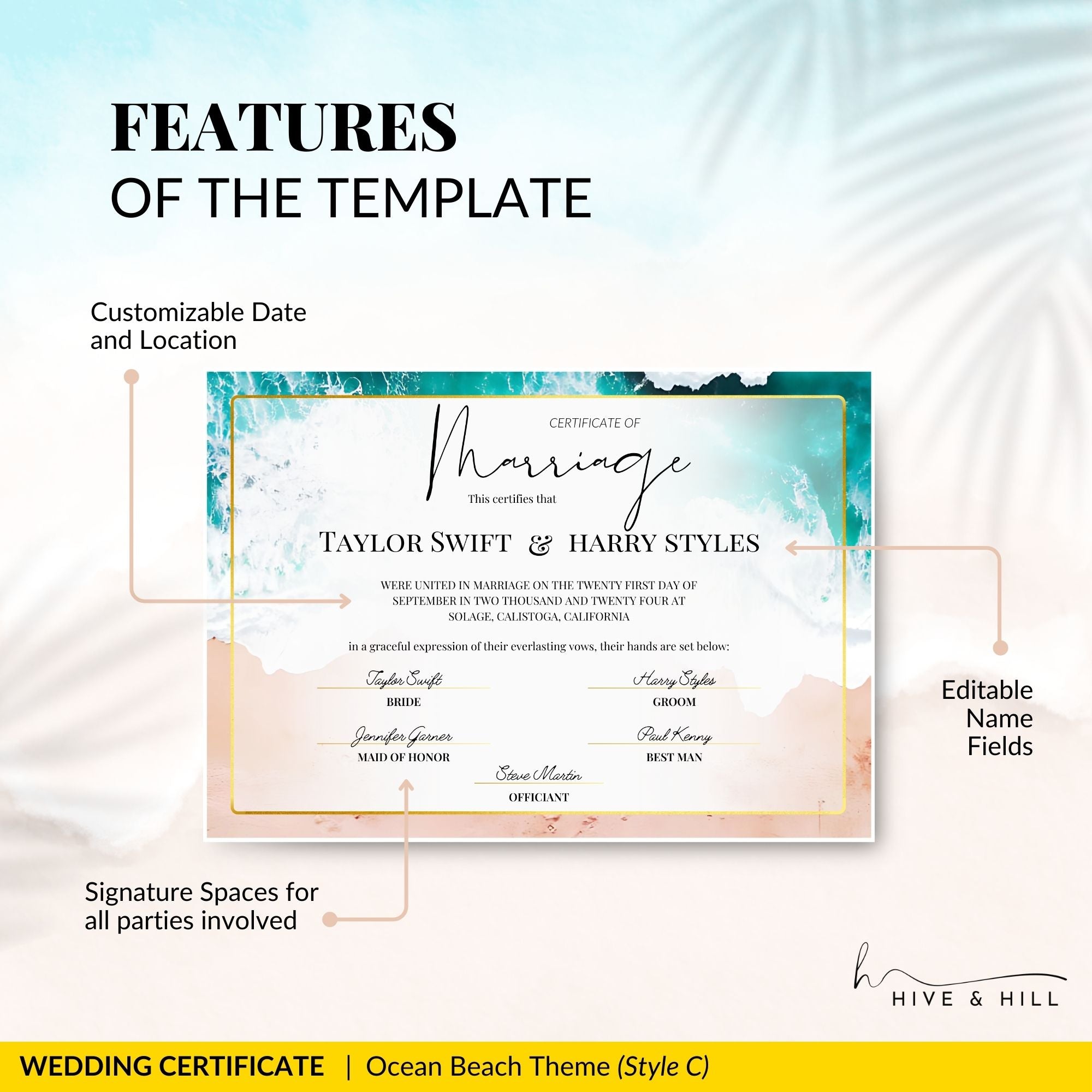 Endless Horizon Surfside Wedding Certificate – Aerial Beach & Sun-Inspired Memento