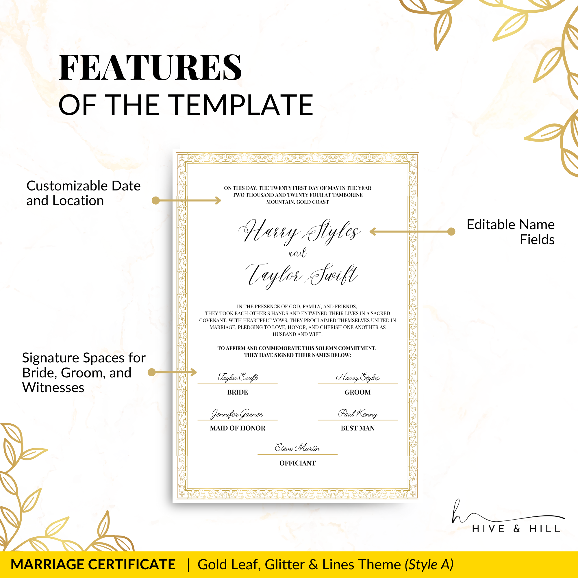 Handcrafted Gold Portrait Marriage Certificate – Elegant Keepsake for Your Wedding Day