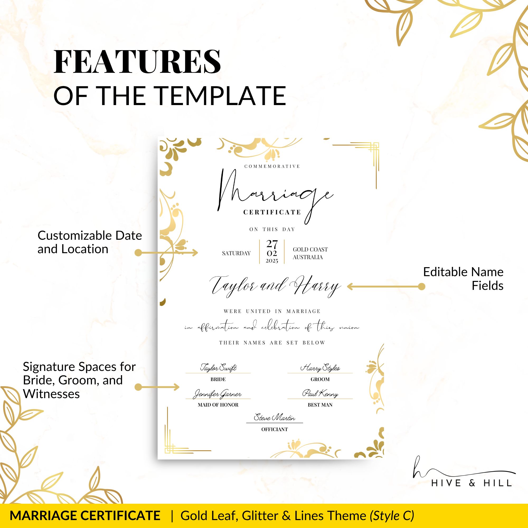 Sophisticated Gold Portrait Marriage Certificate – A Lasting Symbol of Your Wedding Day