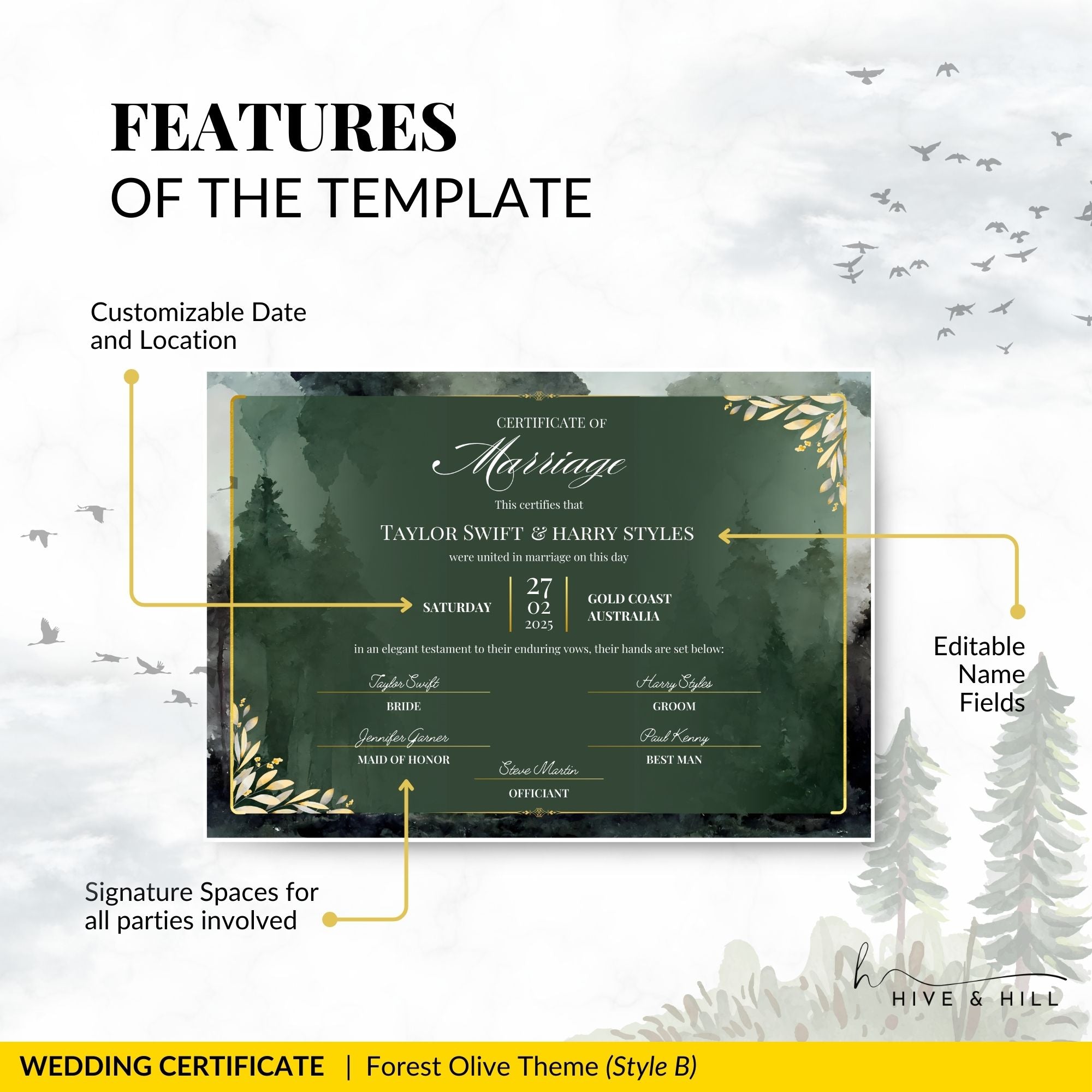 Woodland Harmony Landscape Wedding Certificate – Elegant Forest-Inspired Design