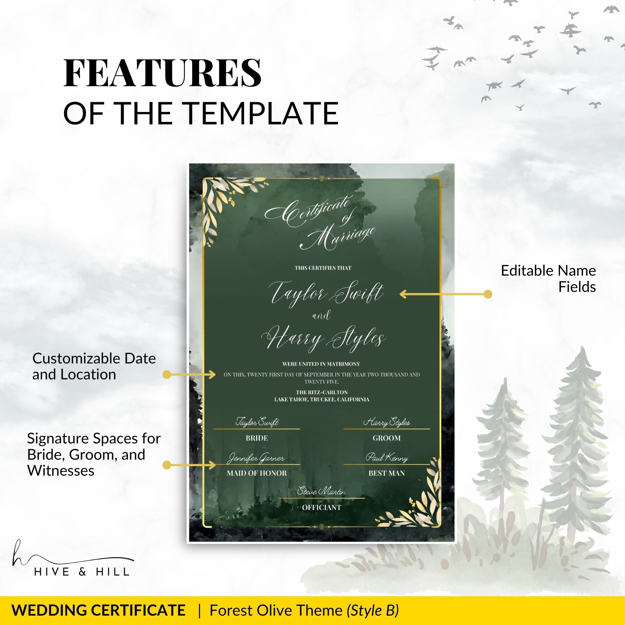 Woodland Harmony Portrait Wedding Certificate – Elegant Forest-Inspired Design