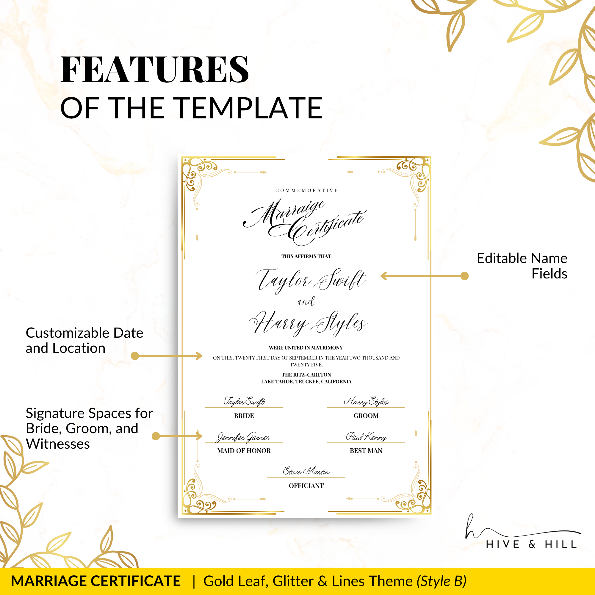 Handcrafted Gold Portrait Marriage Certificate – Keepsake for Your Wedding Day
