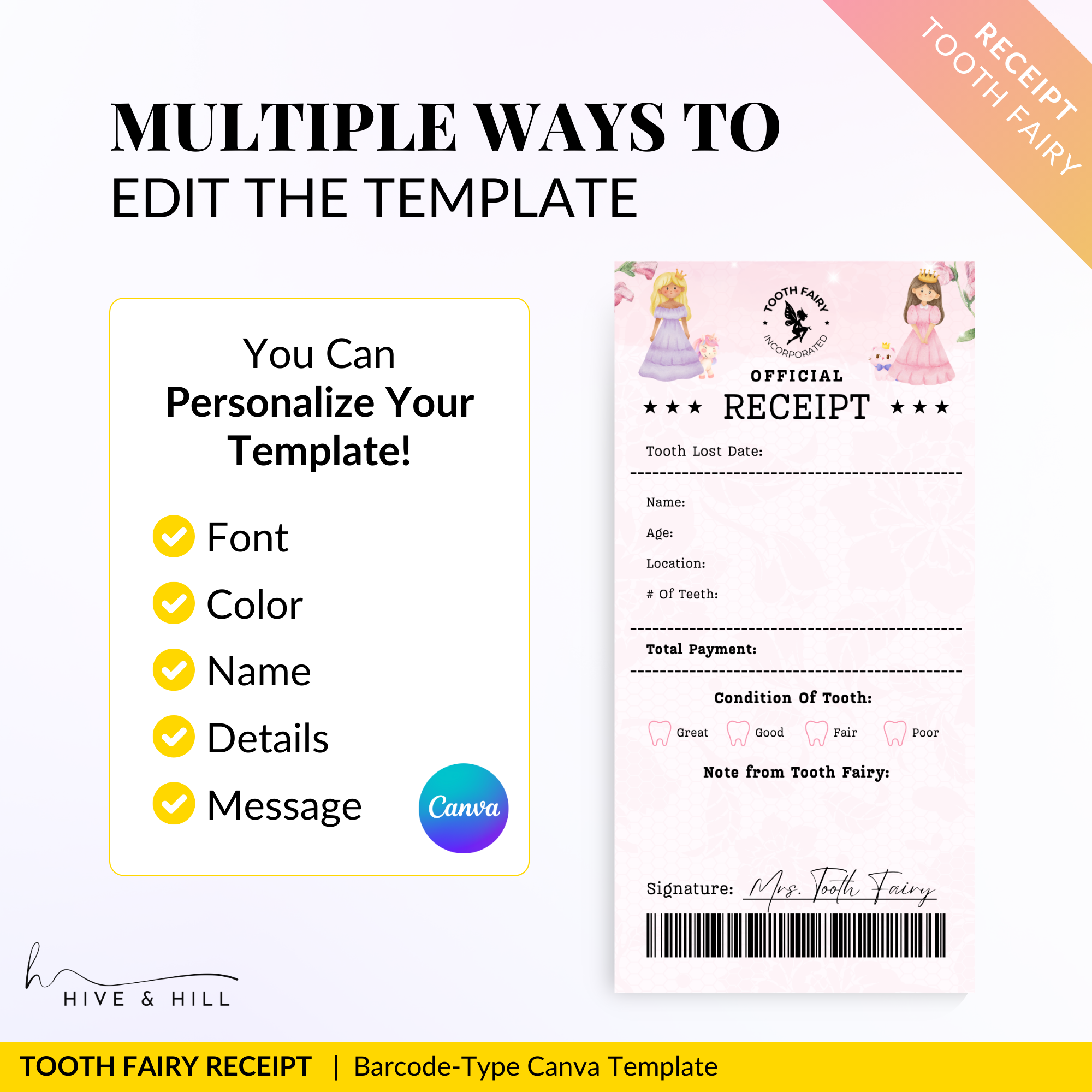 EDITABLE Princess Tooth Fairy Receipt - Download, Edit, and Print for a Royal Surprise Under the Pillow.