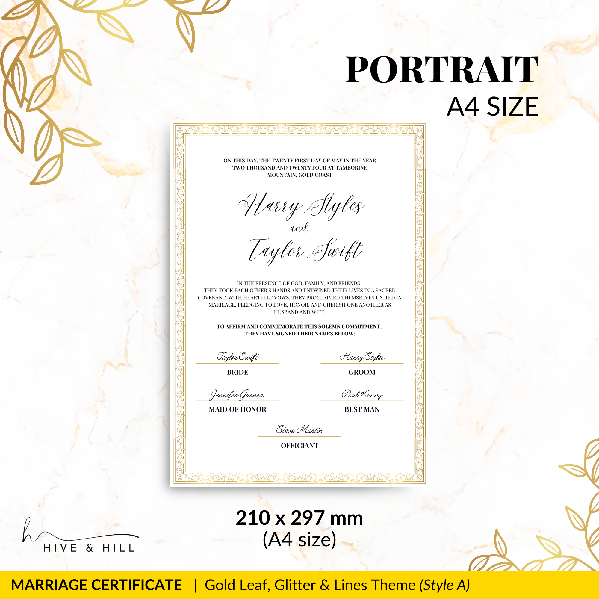 Handcrafted Gold Portrait Marriage Certificate – Elegant Keepsake for Your Wedding Day