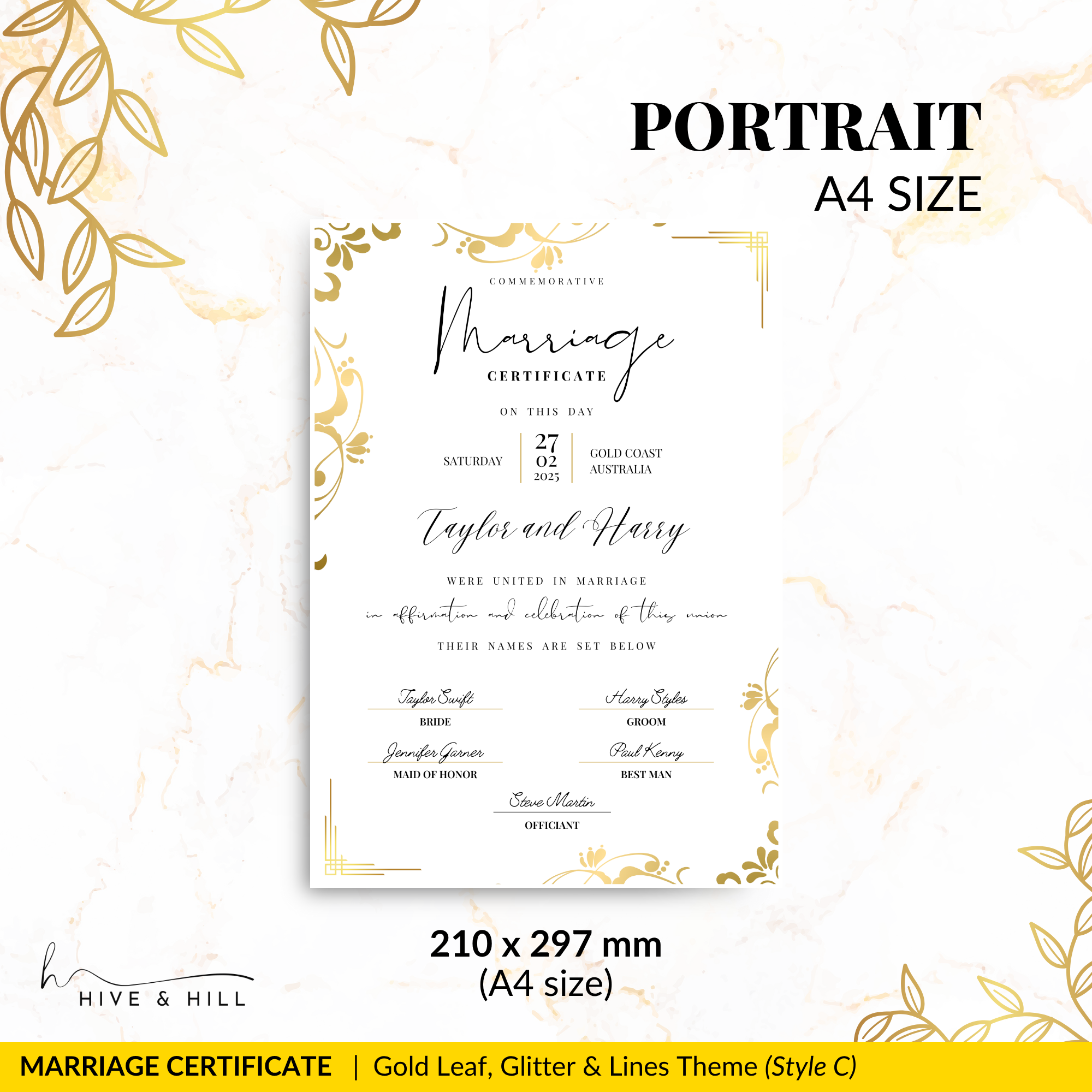 Sophisticated Gold Portrait Marriage Certificate – A Lasting Symbol of Your Wedding Day