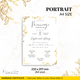 Sophisticated Gold Portrait Marriage Certificate – A Lasting Symbol of Your Wedding Day