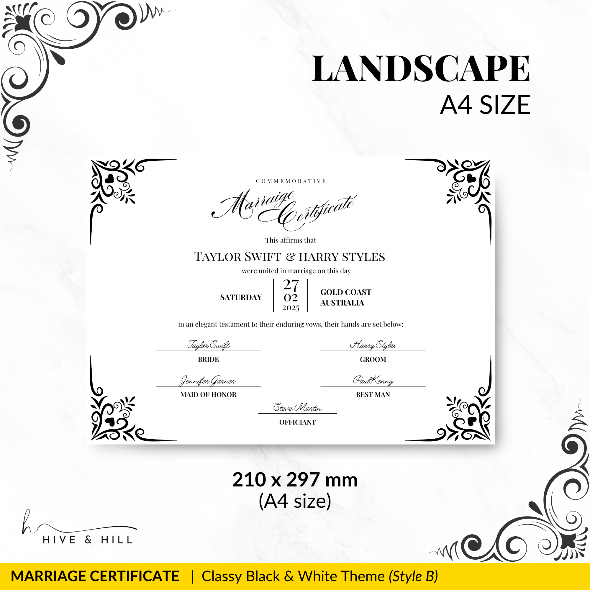 Timeless Black and White Landscape Marriage Certificate – Elegant Wedding Keepsake