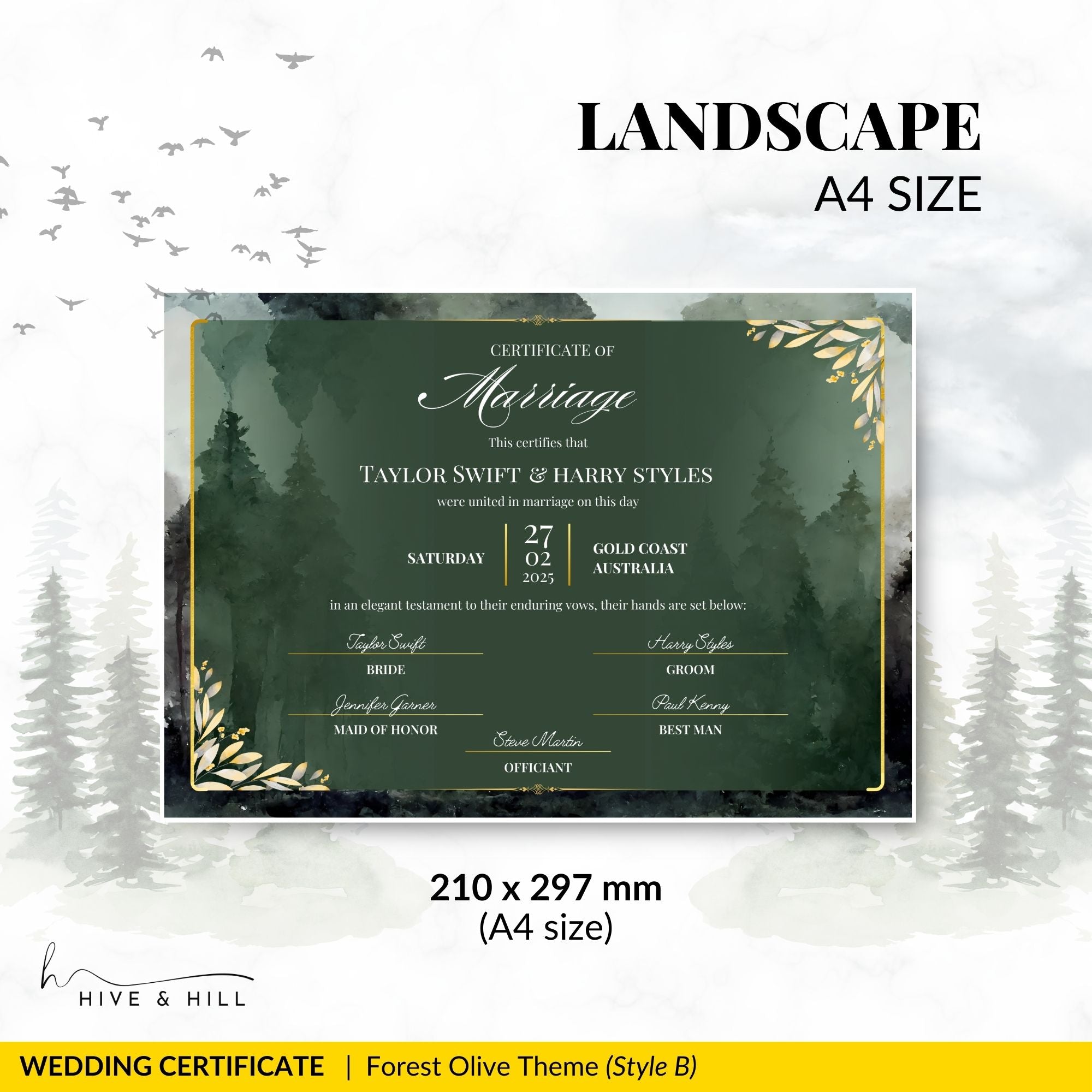 Woodland Harmony Landscape Wedding Certificate – Elegant Forest-Inspired Design