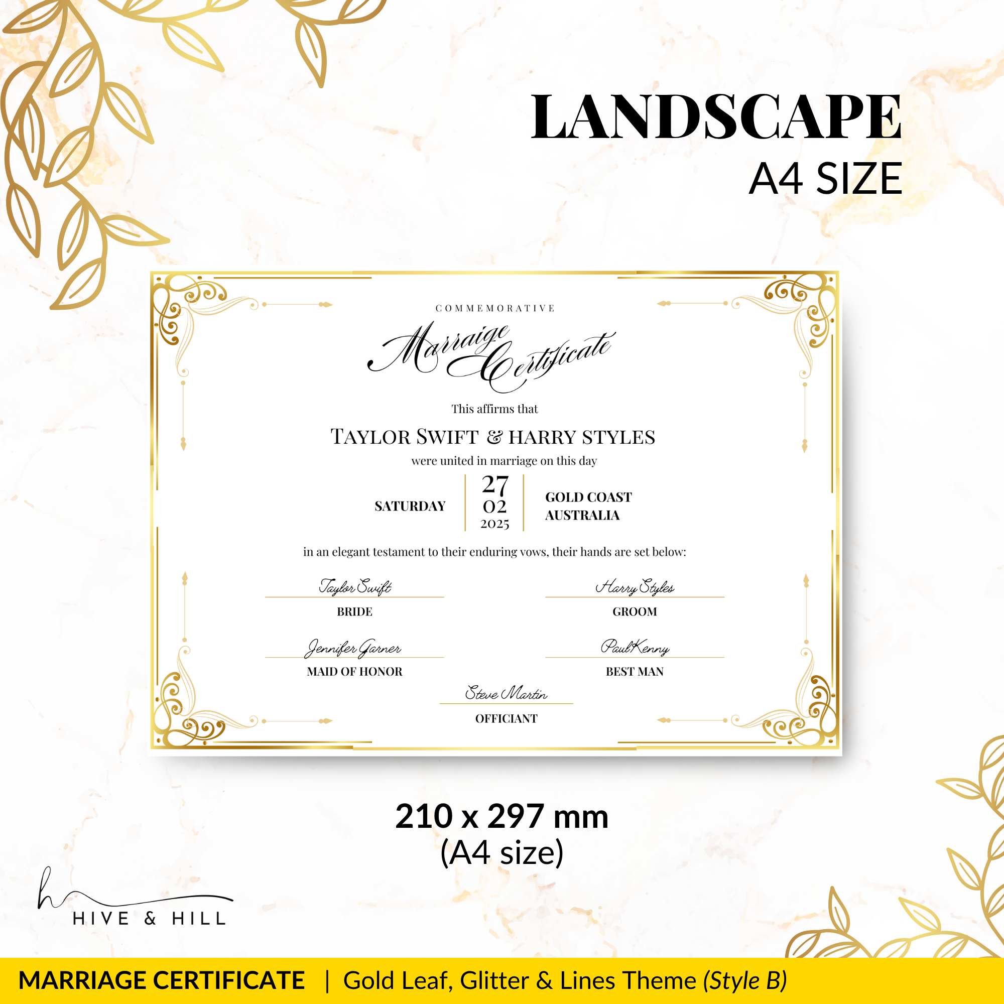Timeless Gold Landscape Marriage Certificate – A Cherished Keepsake of Your Wedding Day