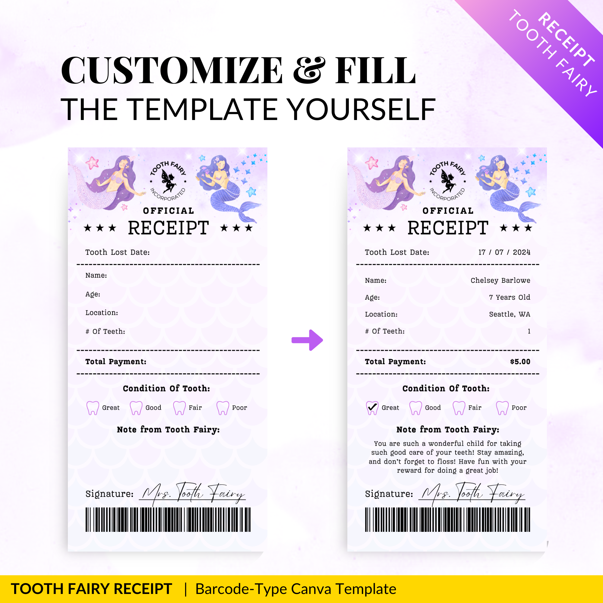 INSTANT DOWNLOAD Little Girl Mermaid Tooth Fairy Receipt - Edit, and Print for a Magical Surprise Under the Pillow.