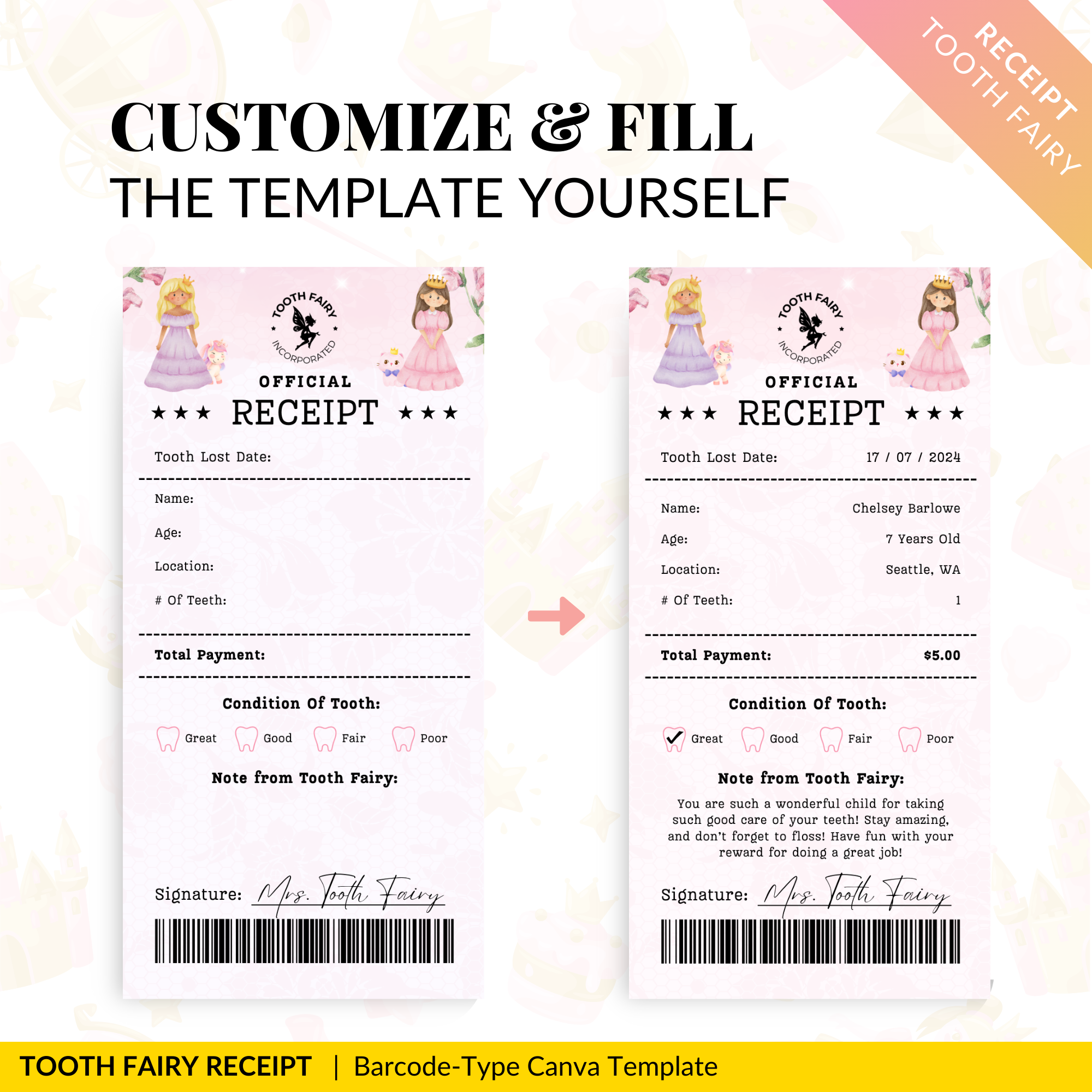 EDITABLE Princess Tooth Fairy Receipt - Download, Edit, and Print for a Royal Surprise Under the Pillow.