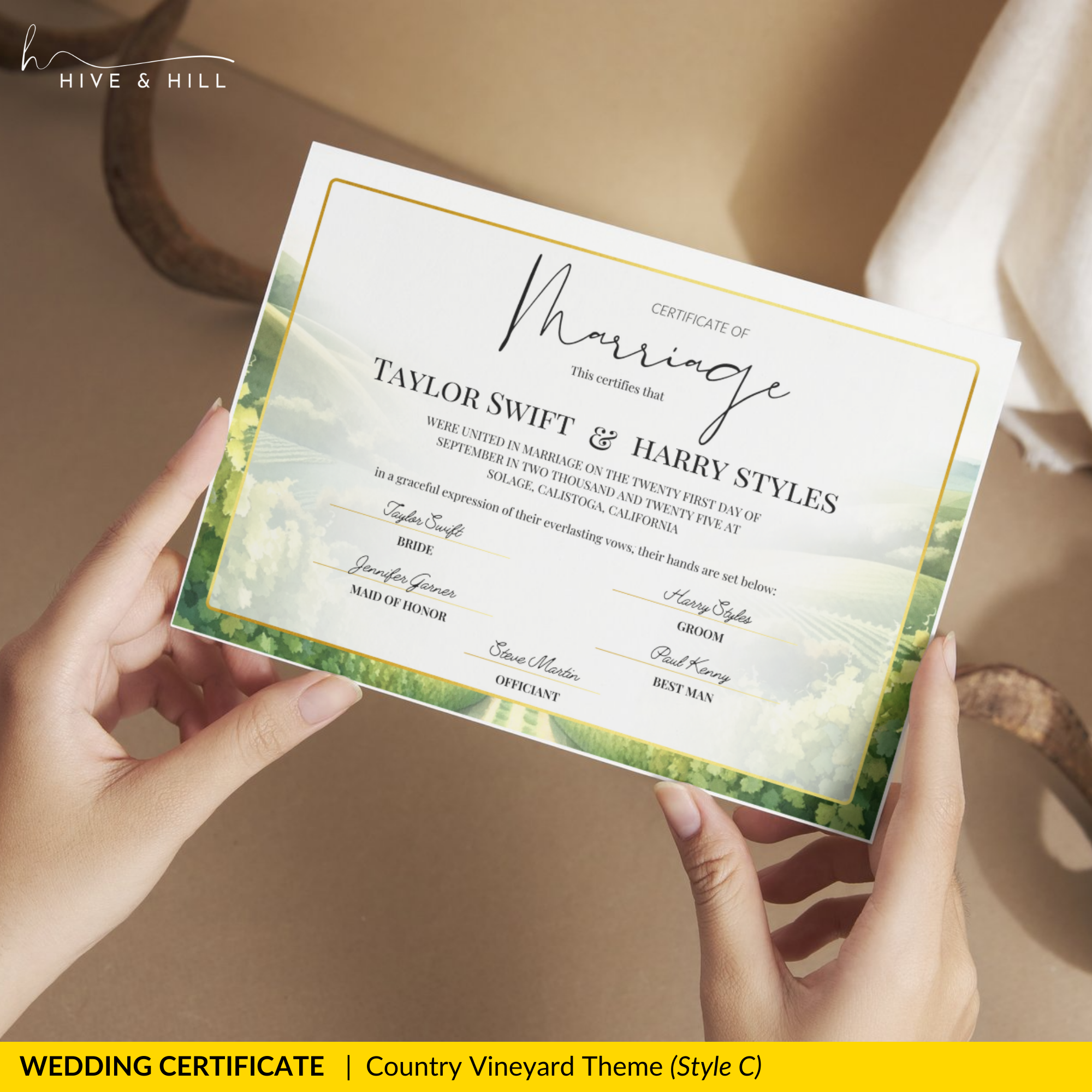 Golden Harvest Wedding Certificate – Vineyard & Rustic Country-Inspired Memento