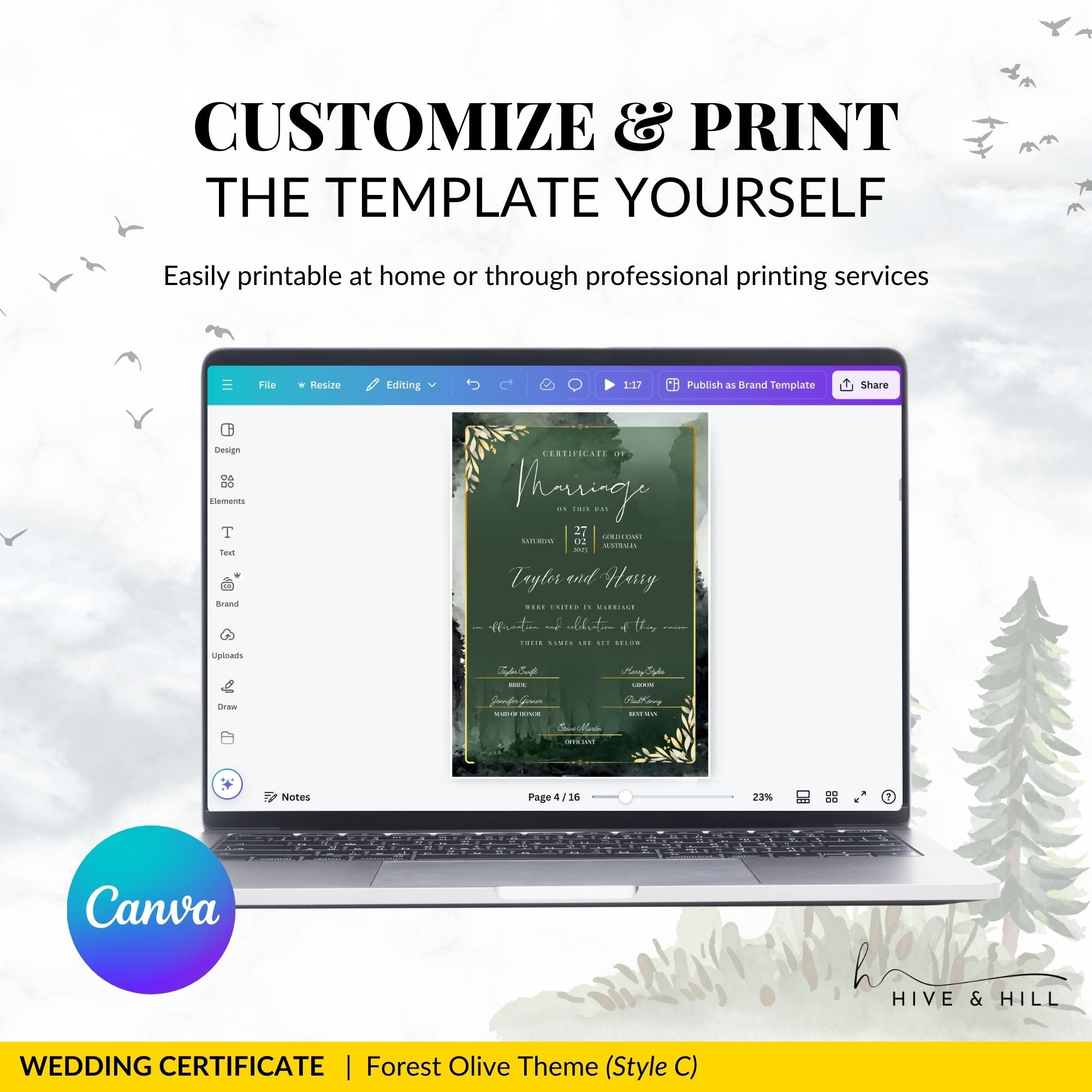 Evergreen Wedding Certificate – Beautiful Tree & Nature Commemorative Keepsake