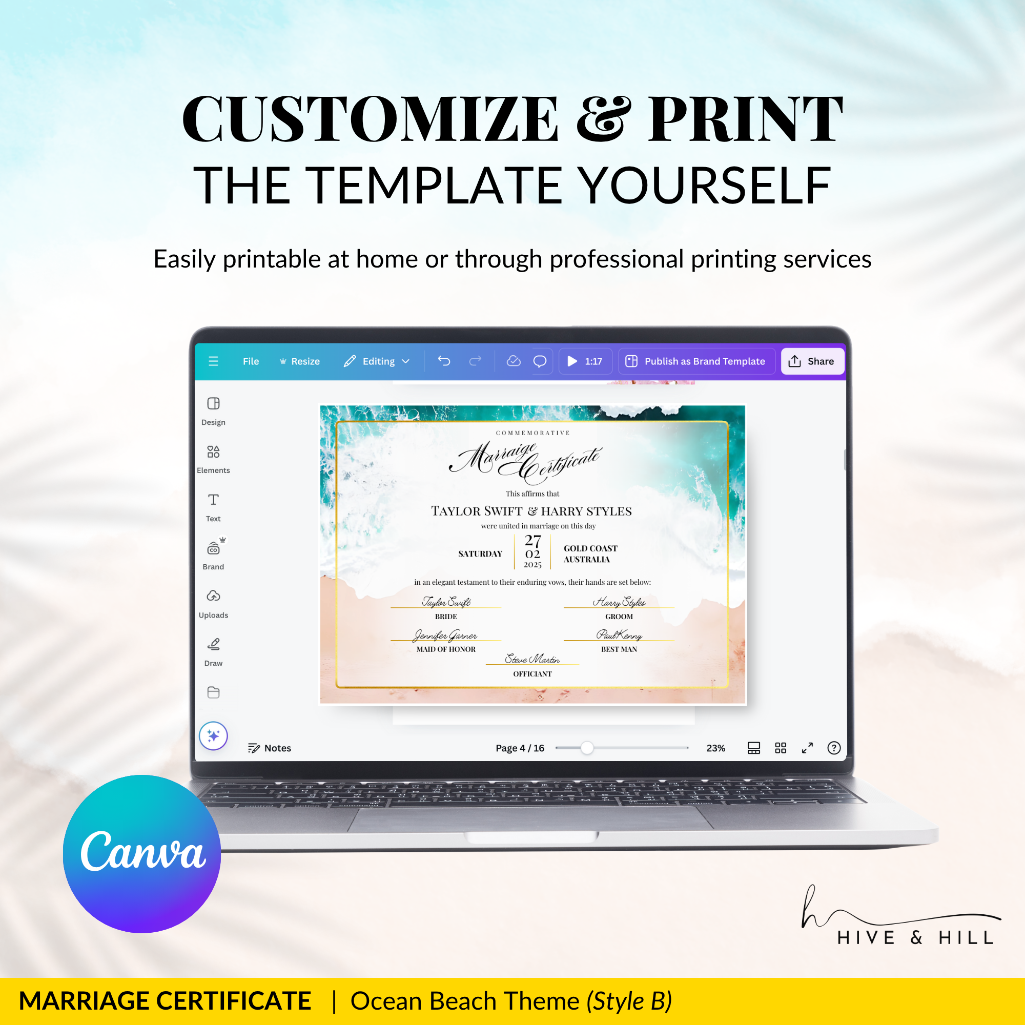 Ocean Breeze Landscape Wedding Certificate – Elegant Beach & Waves Design