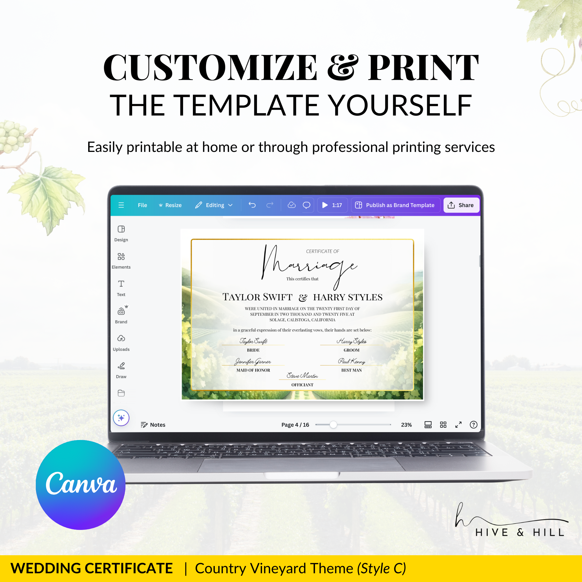 Golden Harvest Wedding Certificate – Vineyard & Rustic Country-Inspired Memento