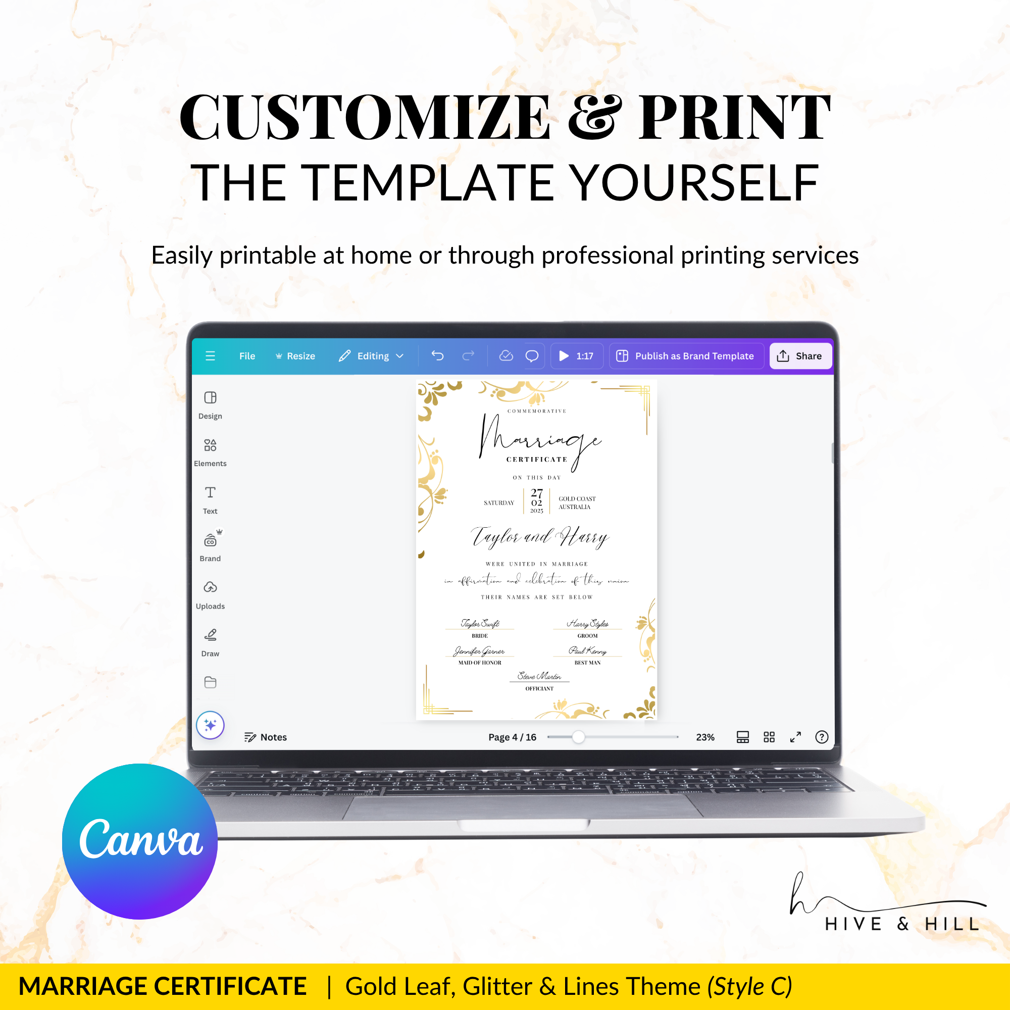 Sophisticated Gold Portrait Marriage Certificate – A Lasting Symbol of Your Wedding Day