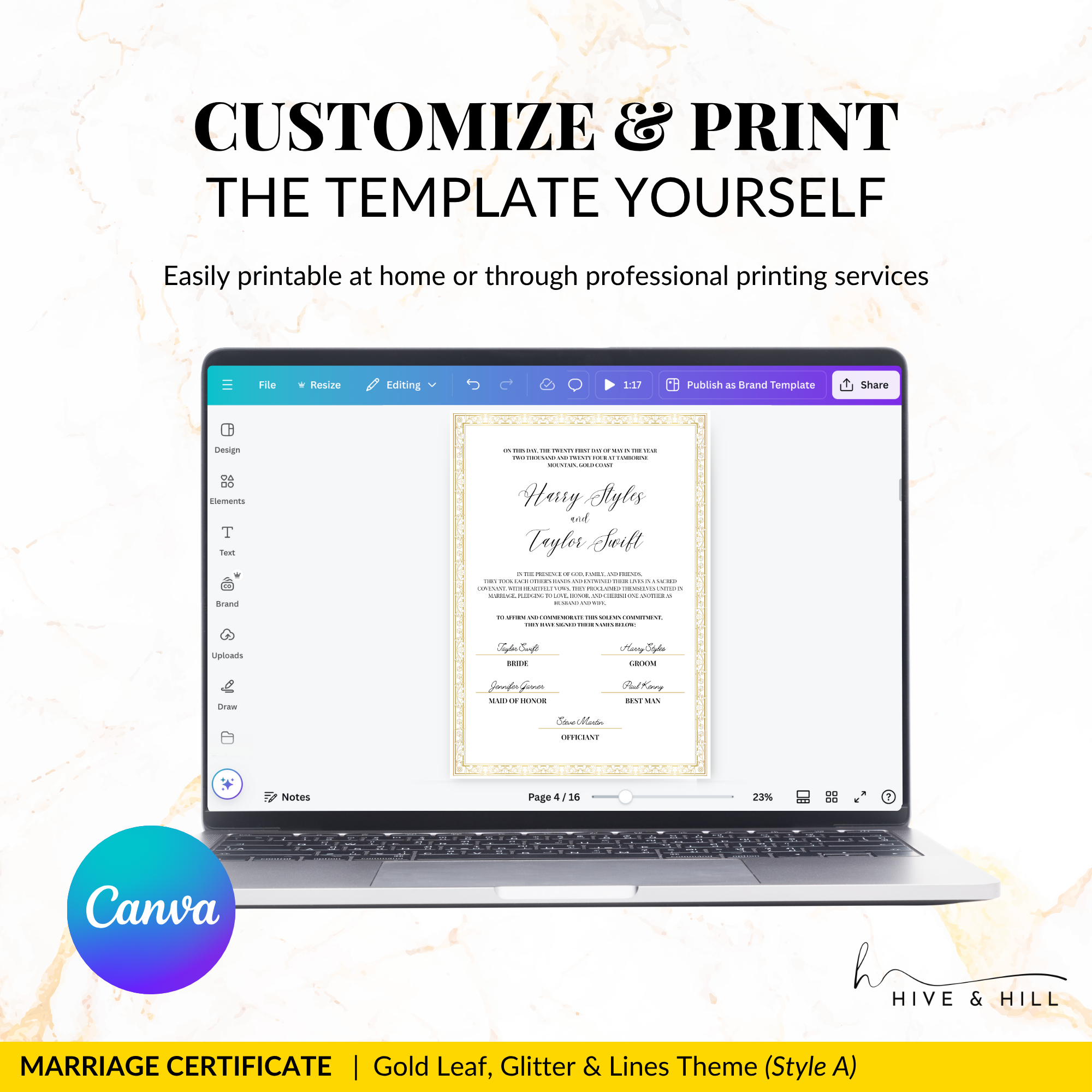Handcrafted Gold Portrait Marriage Certificate – Elegant Keepsake for Your Wedding Day