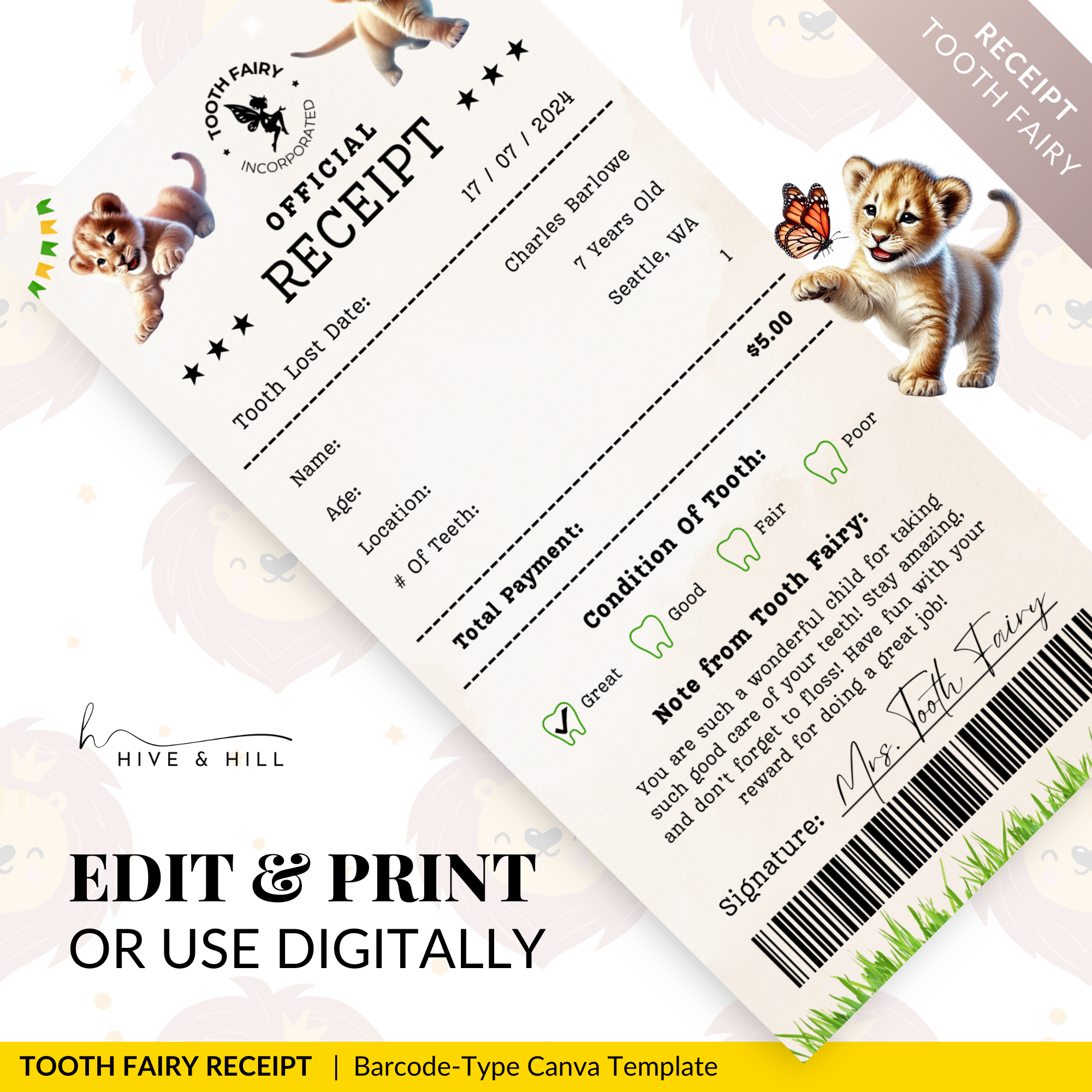 CUSTOMISED African Lion Cub Tooth Fairy Receipt for Kids.  Just Download, Edit and Print then place with a Coin under your Childs Pillow