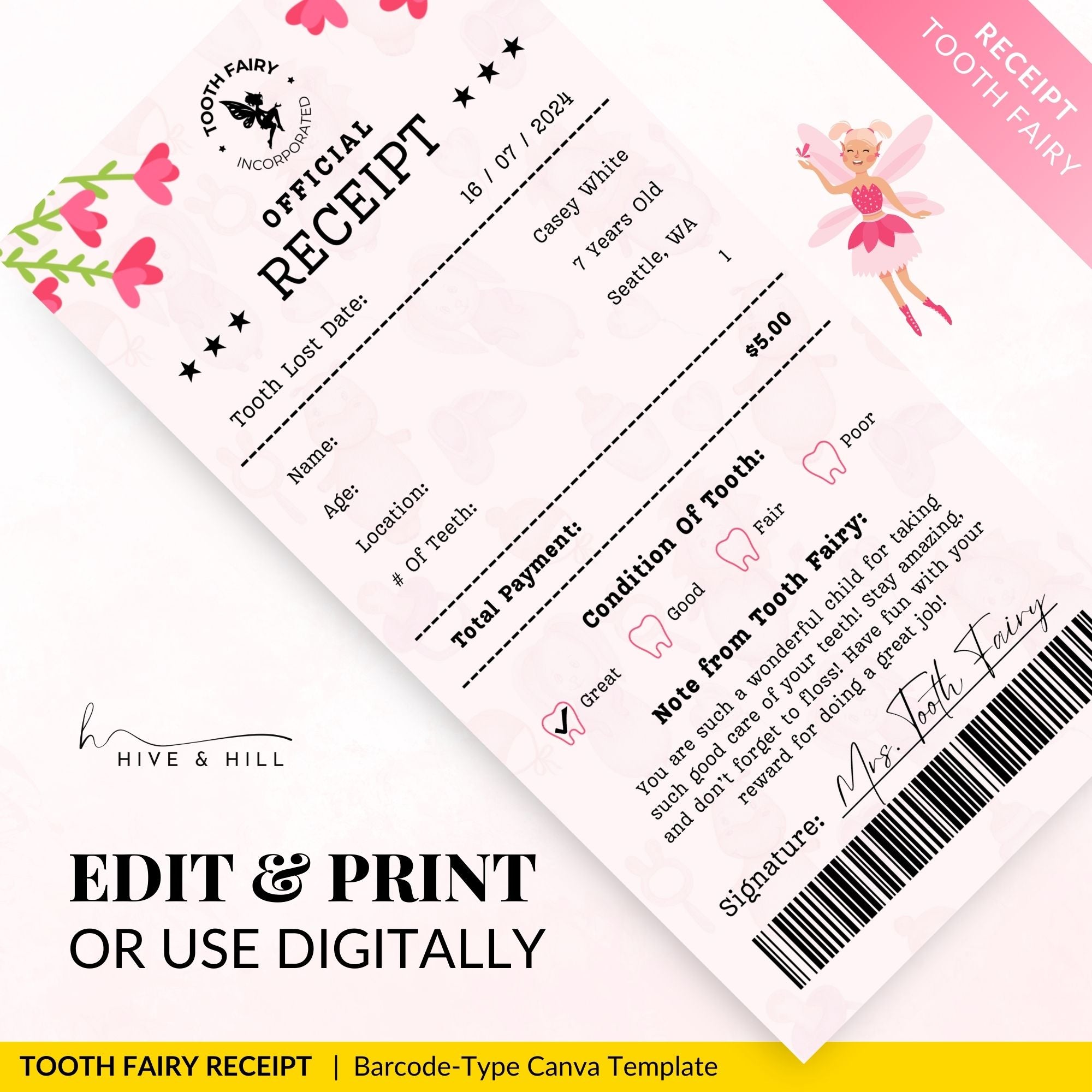 PERSONALIZED Baby Girl Tooth Fairy Receipt - Download, Edit, and Print for a Sweet Surprise Under the Pillow.