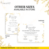 Sophisticated Gold Portrait Marriage Certificate – A Lasting Symbol of Your Wedding Day
