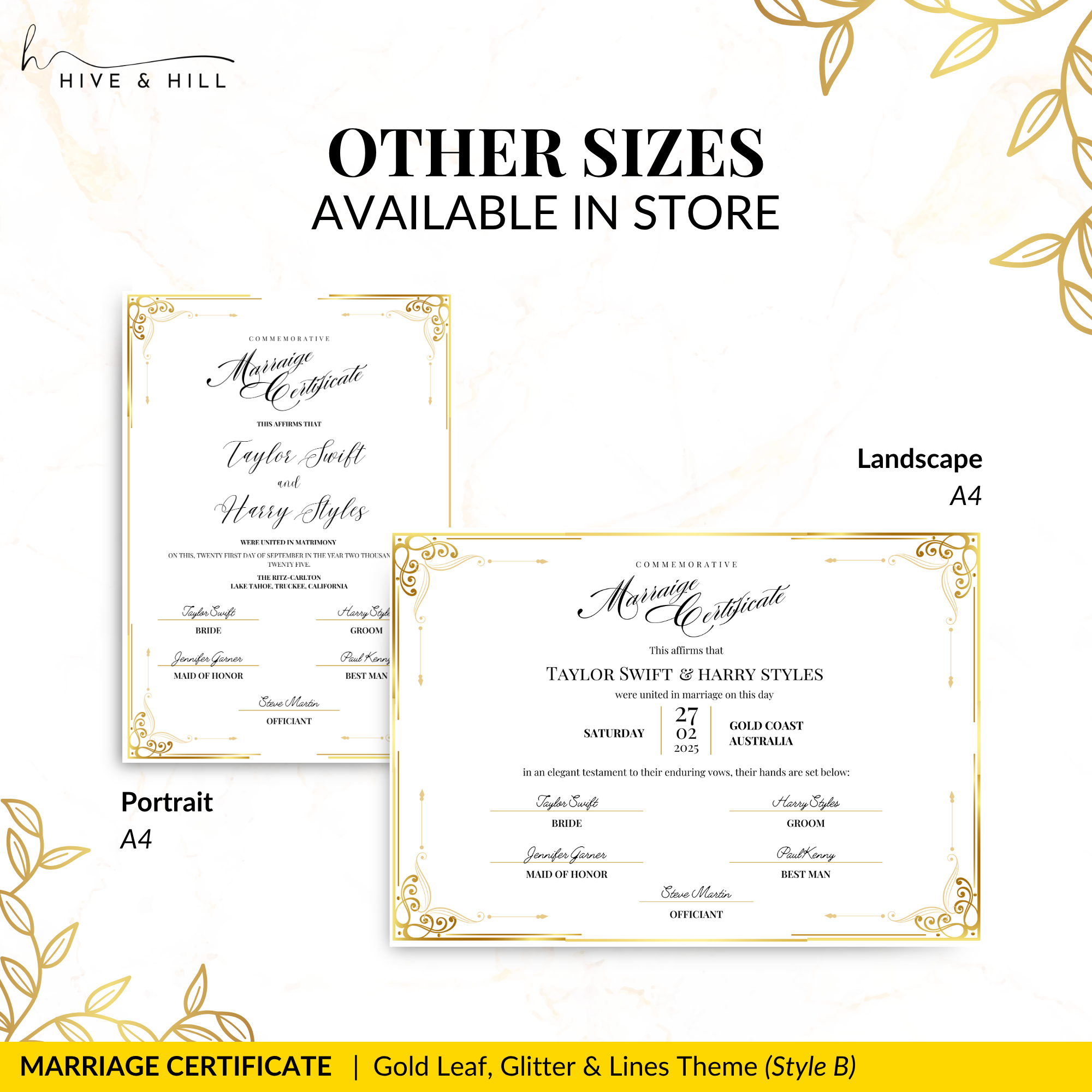 Handcrafted Gold Portrait Marriage Certificate – Keepsake for Your Wedding Day