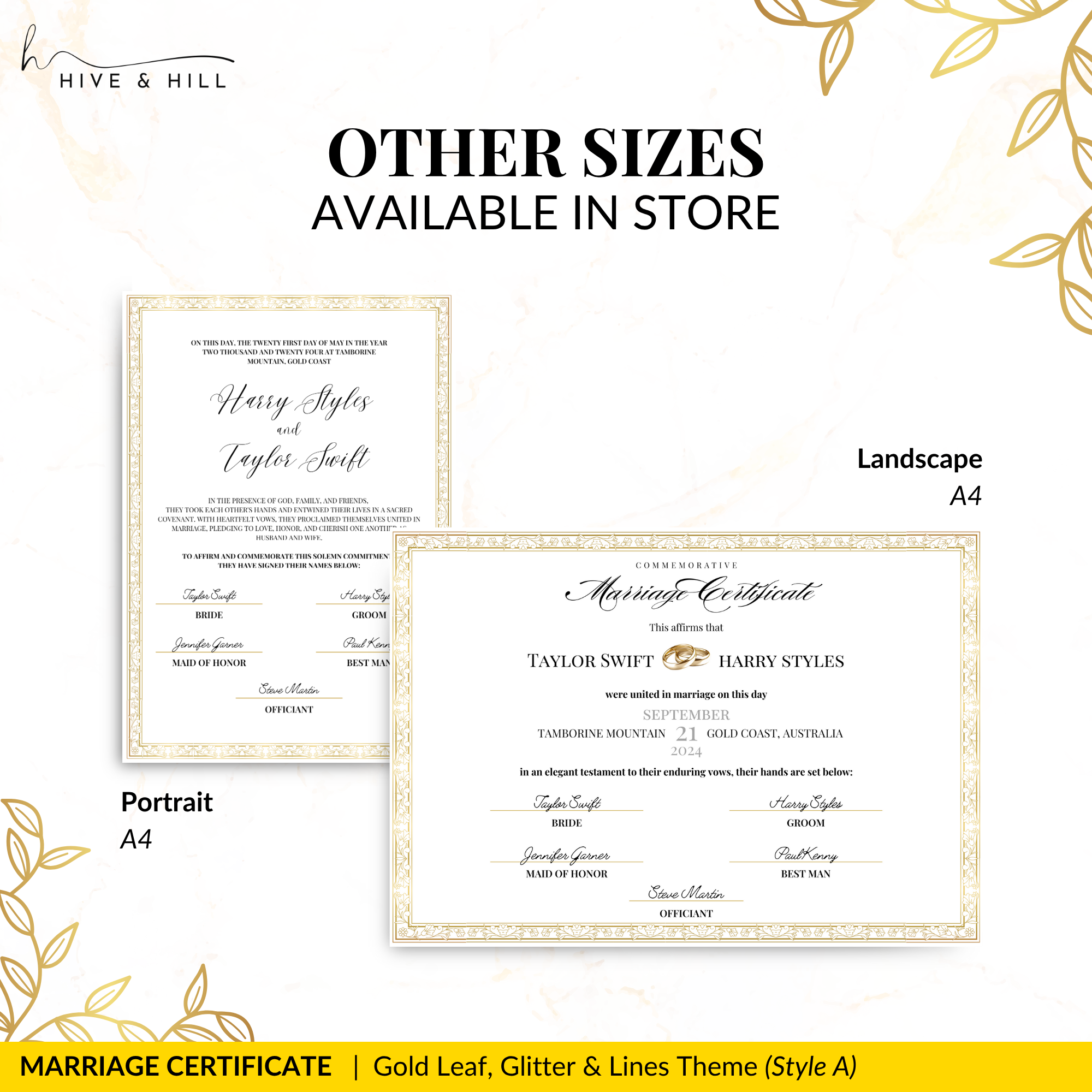 Handcrafted Gold Portrait Marriage Certificate – Elegant Keepsake for Your Wedding Day