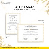 Handcrafted Gold Portrait Marriage Certificate – Elegant Keepsake for Your Wedding Day