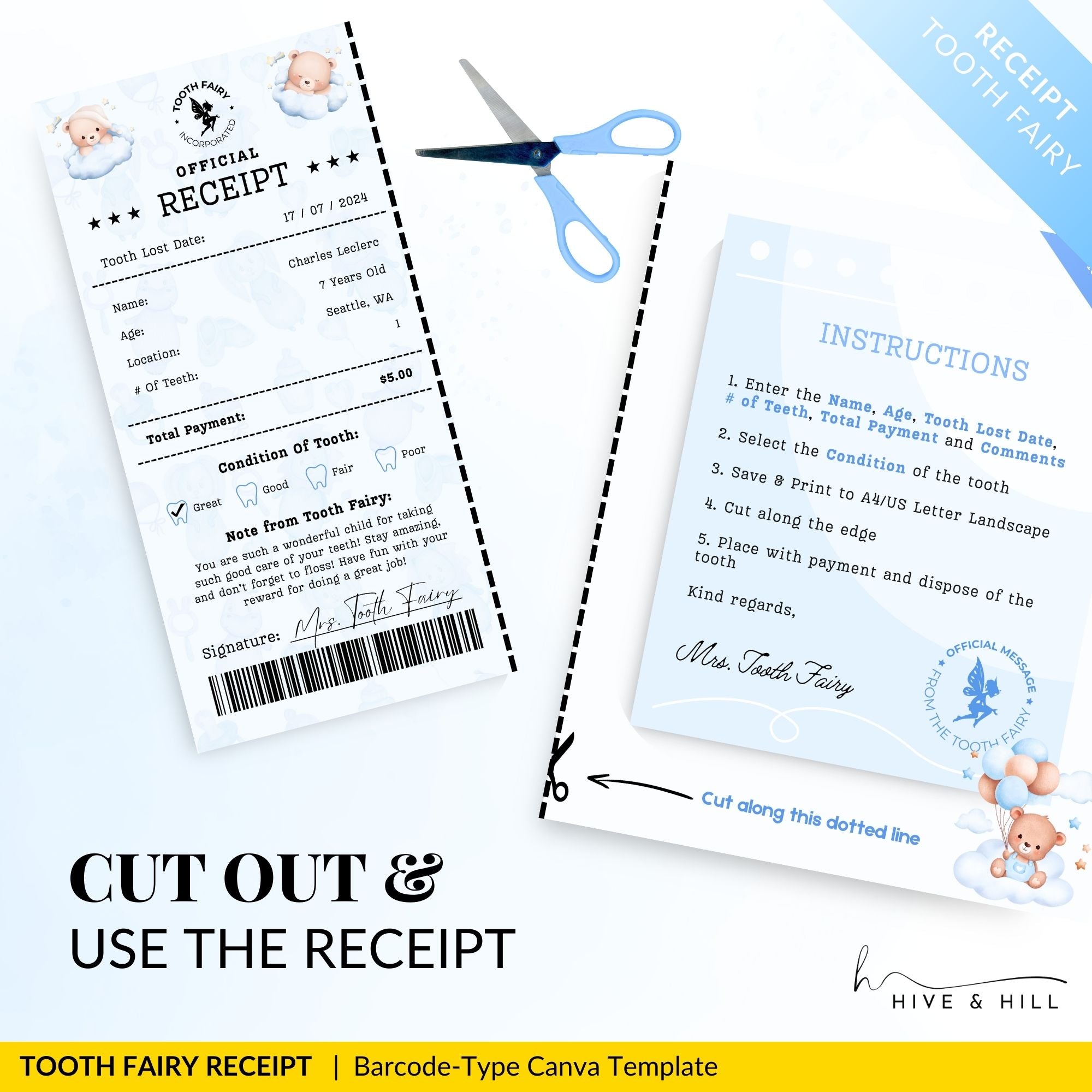 CUSTOM Boy Bear Cub Tooth Fairy Receipt - Download, Edit, and Print for a Sweet Surprise Under the Pillow.