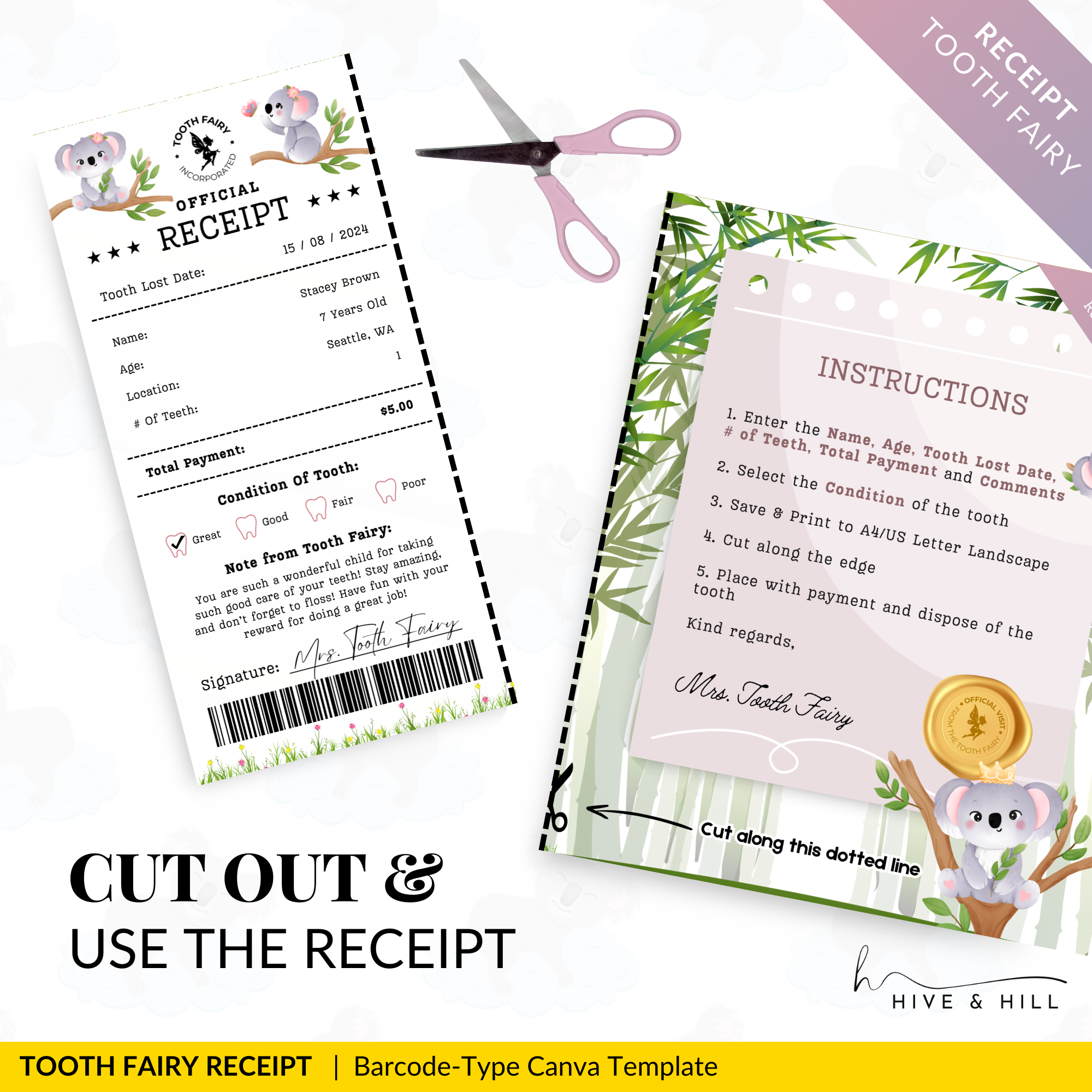 PERSONALIZED Australian Koala Bear Tooth Fairy Receipt for Kids - Download, Edit, and Print for a Memorable Surprise Under the Pillow.