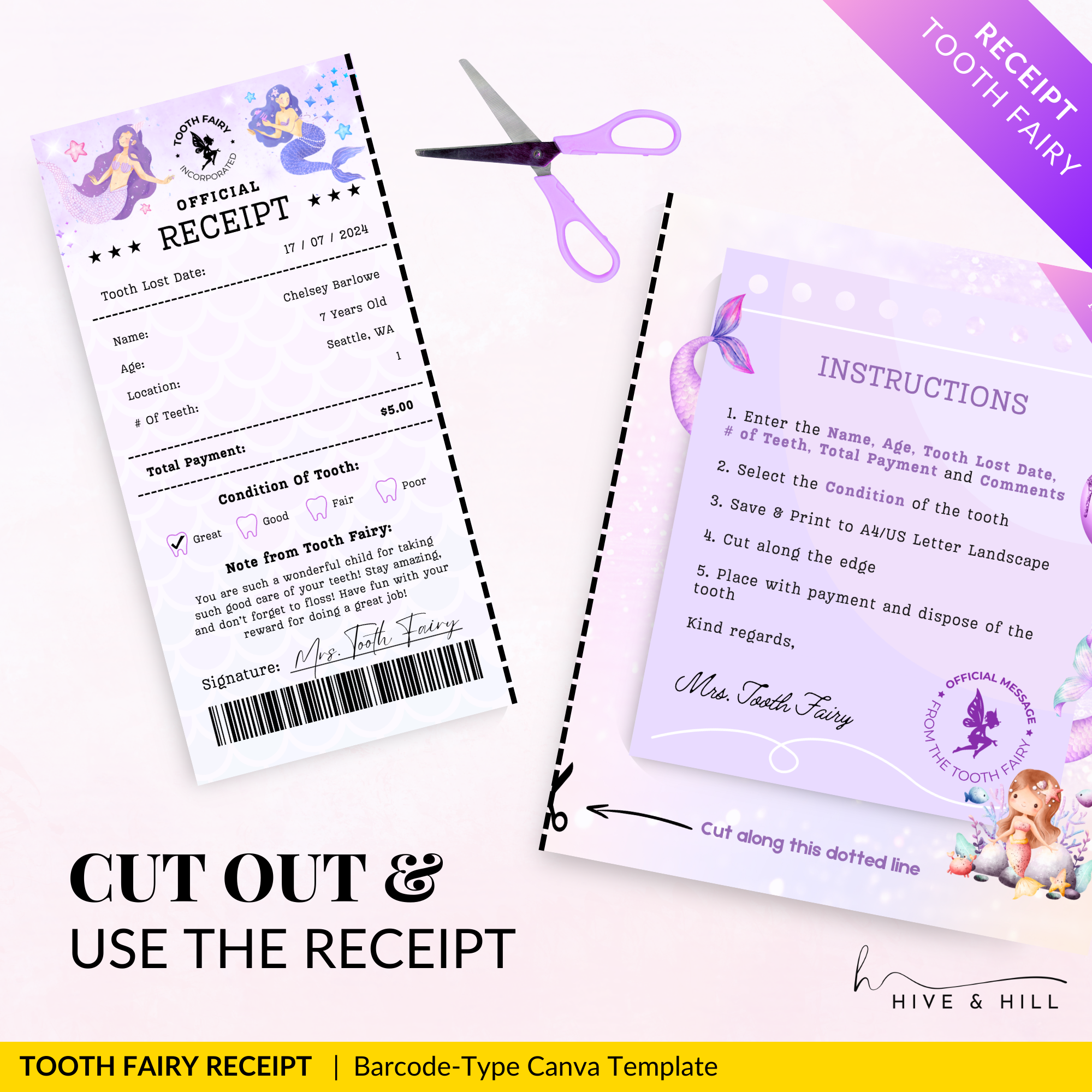 INSTANT DOWNLOAD Little Girl Mermaid Tooth Fairy Receipt - Edit, and Print for a Magical Surprise Under the Pillow.