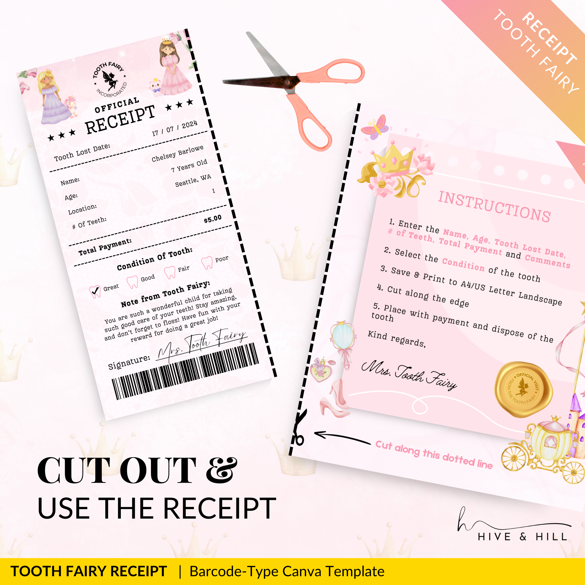 EDITABLE Princess Tooth Fairy Receipt - Download, Edit, and Print for a Royal Surprise Under the Pillow.