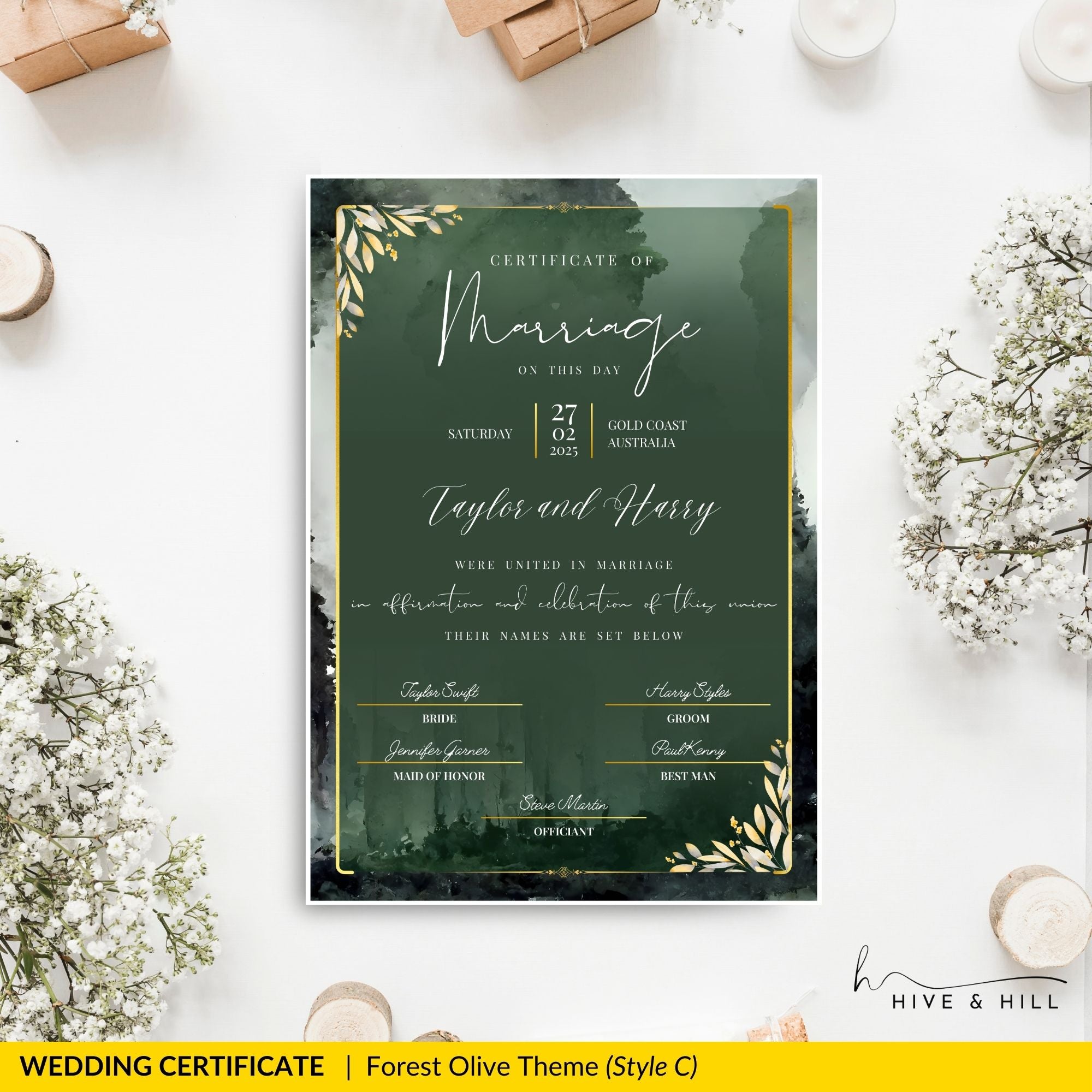 Evergreen Wedding Certificate – Beautiful Tree & Nature Commemorative Keepsake