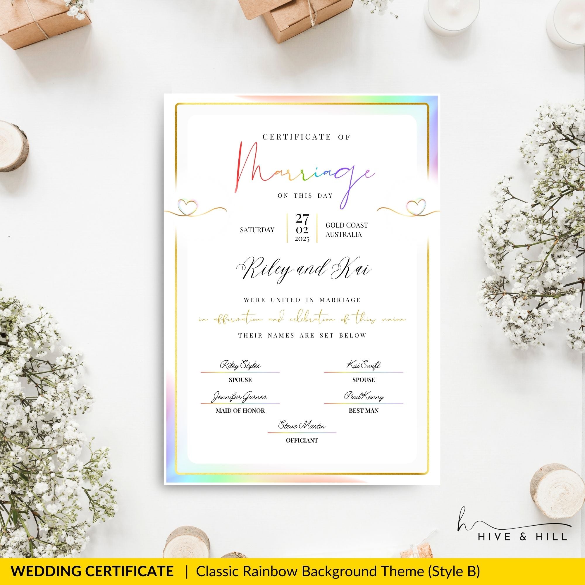 Rainbow Pride Wedding Certificate – LGBTQ+ Couple’s Keepsake