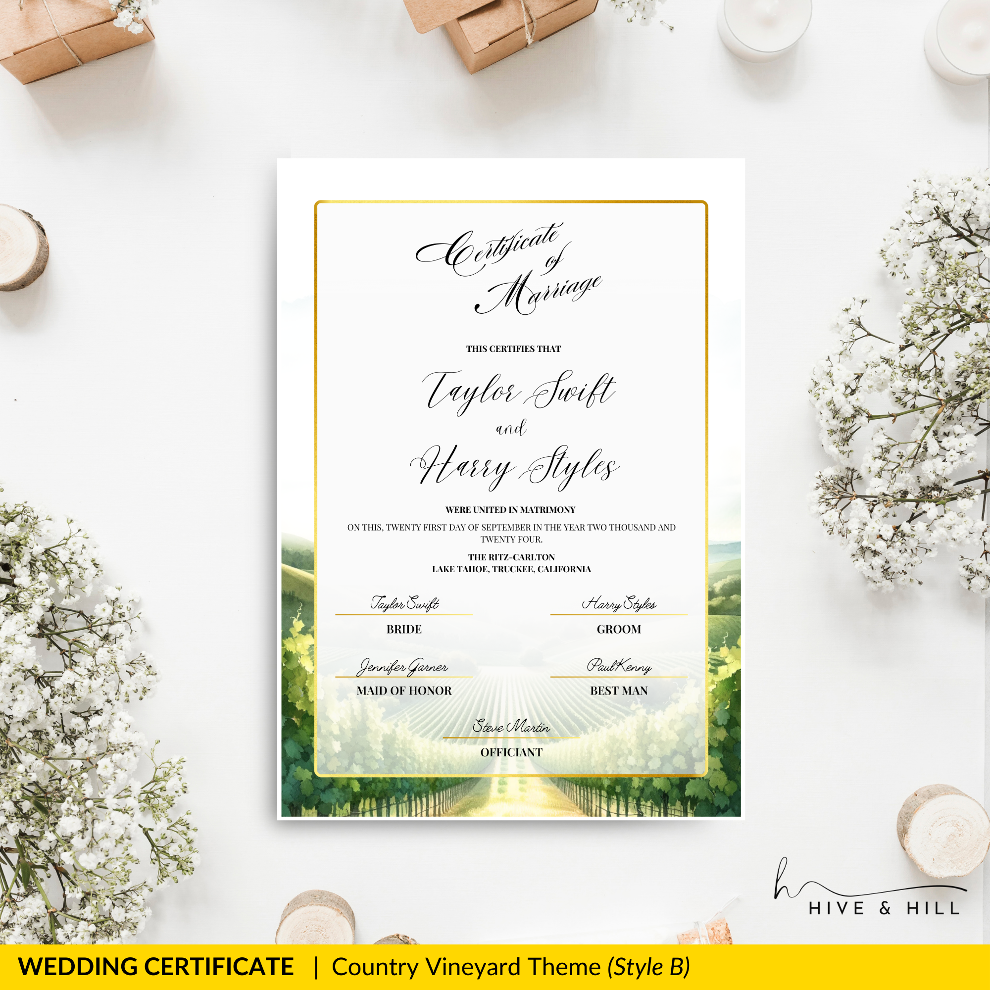 Countryside Bliss Portrait Wedding Certificate – Elegant Farm & Field Design