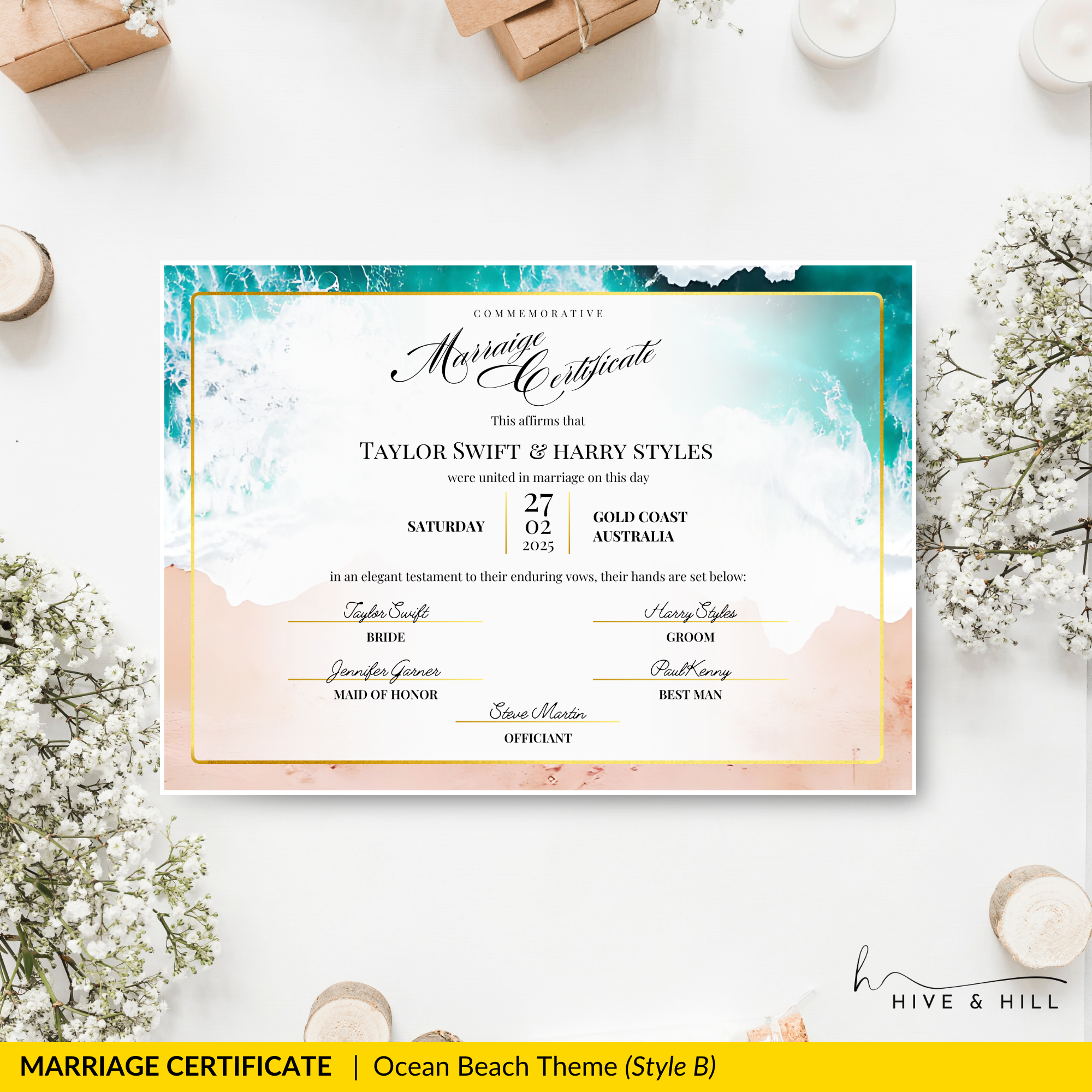 Ocean Breeze Landscape Wedding Certificate – Elegant Beach & Waves Design