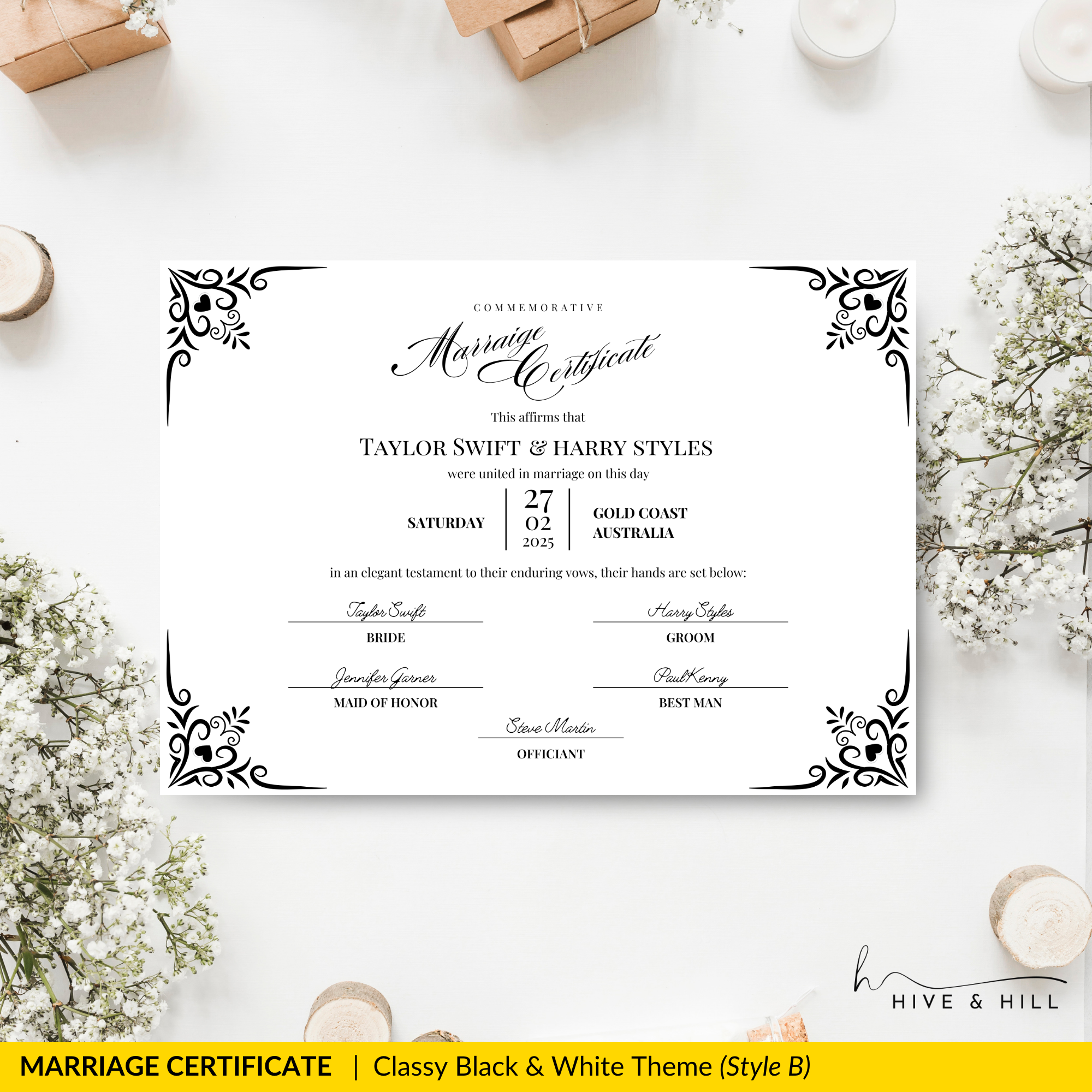 Timeless Black and White Landscape Marriage Certificate – Elegant Wedding Keepsake