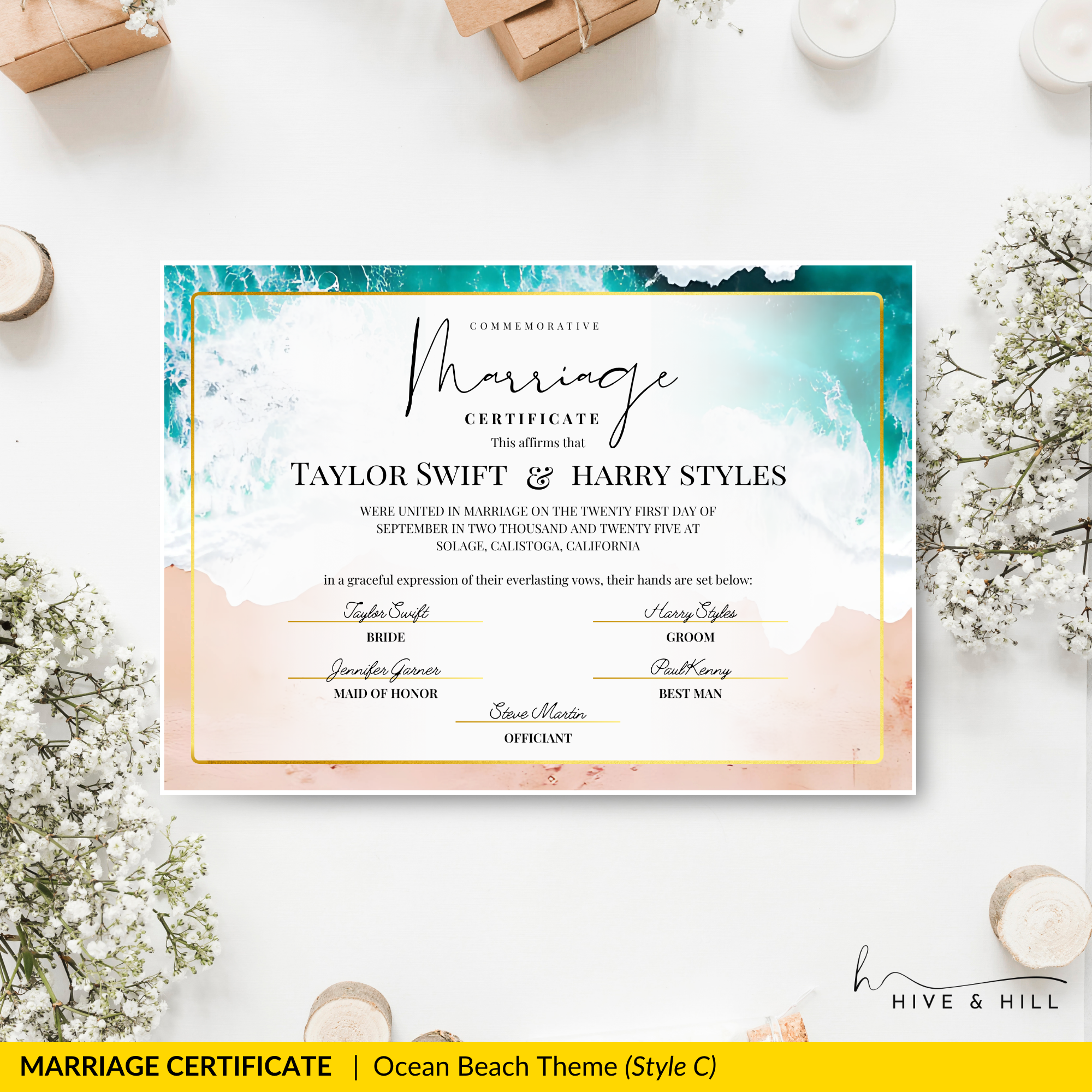 Endless Horizon Surfside Wedding Certificate – Aerial Beach & Sun-Inspired Memento