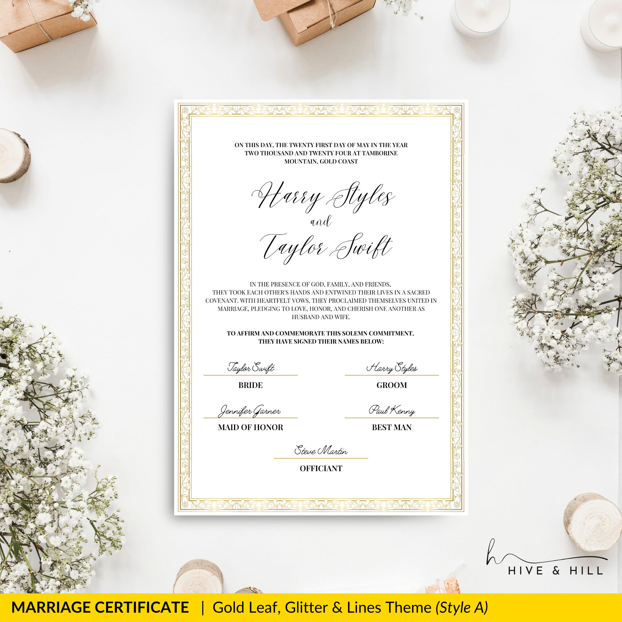Handcrafted Gold Portrait Marriage Certificate – Elegant Keepsake for Your Wedding Day