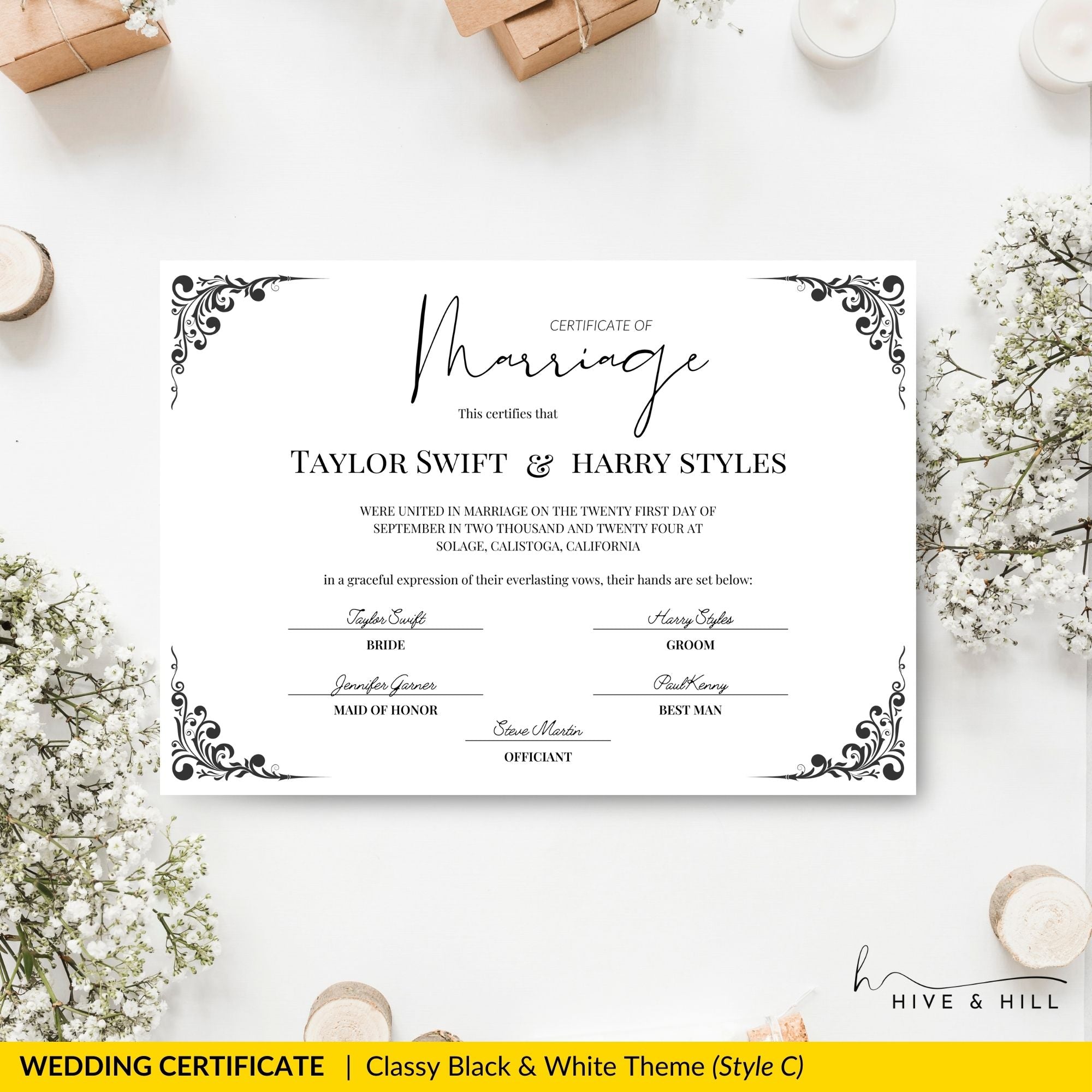 Elegant Black and White Landscape Marriage Certificate – Timeless Wedding Keepsake