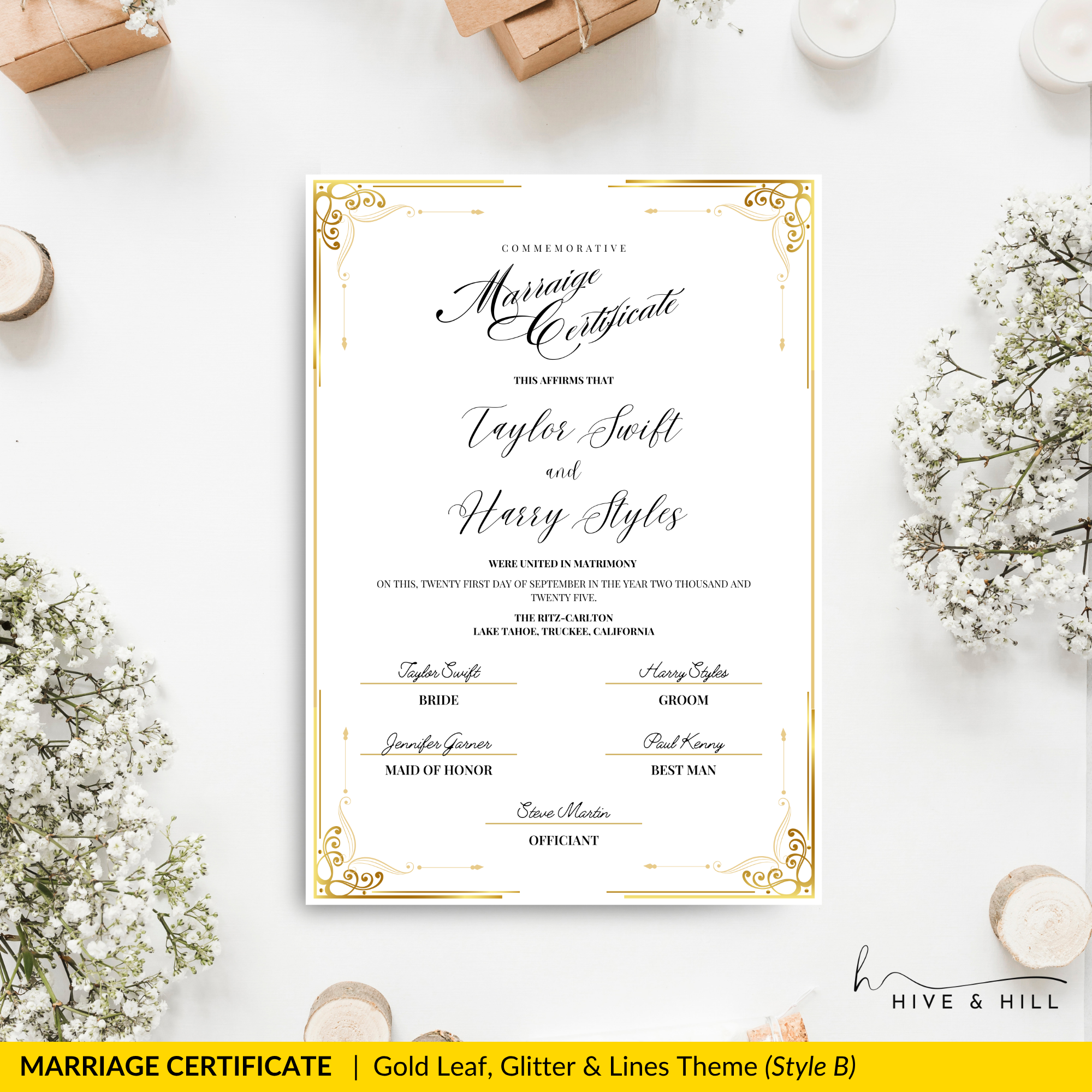 Handcrafted Gold Portrait Marriage Certificate – Keepsake for Your Wedding Day