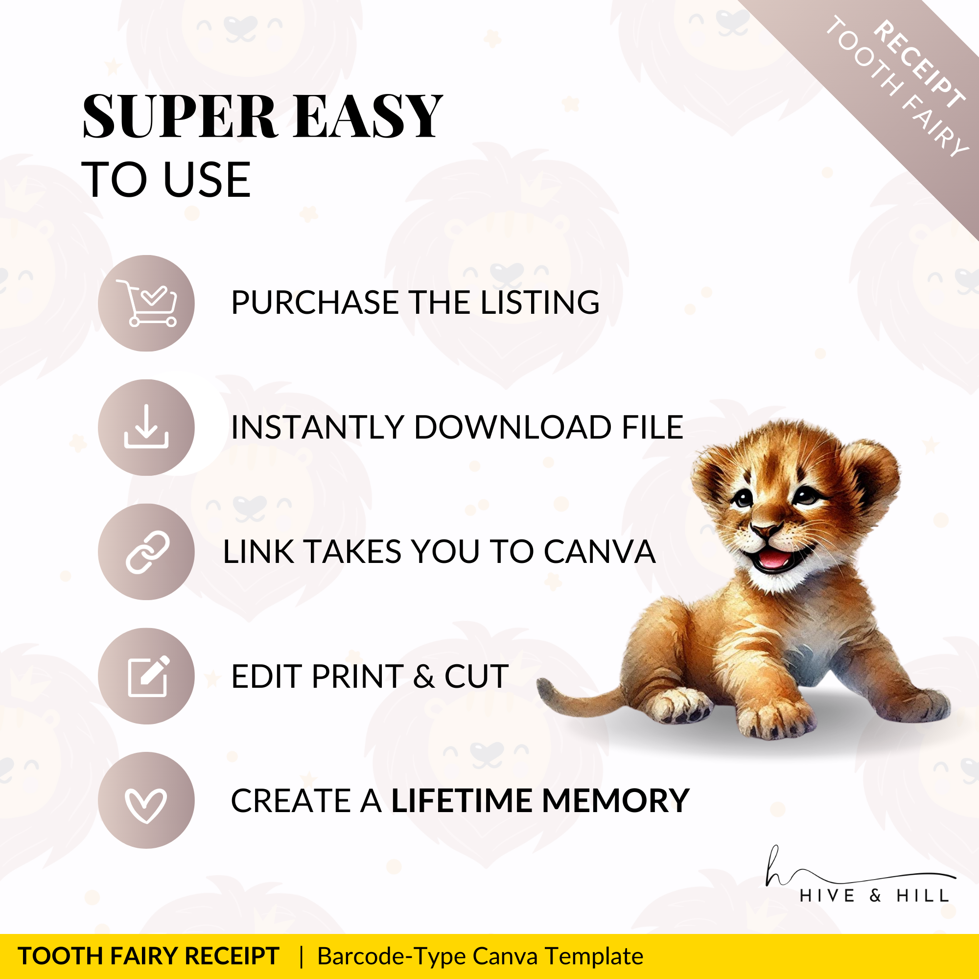 CUSTOMISED African Lion Cub Tooth Fairy Receipt for Kids.  Just Download, Edit and Print then place with a Coin under your Childs Pillow