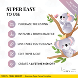 PERSONALIZED Australian Koala Bear Tooth Fairy Receipt for Kids - Download, Edit, and Print for a Memorable Surprise Under the Pillow.