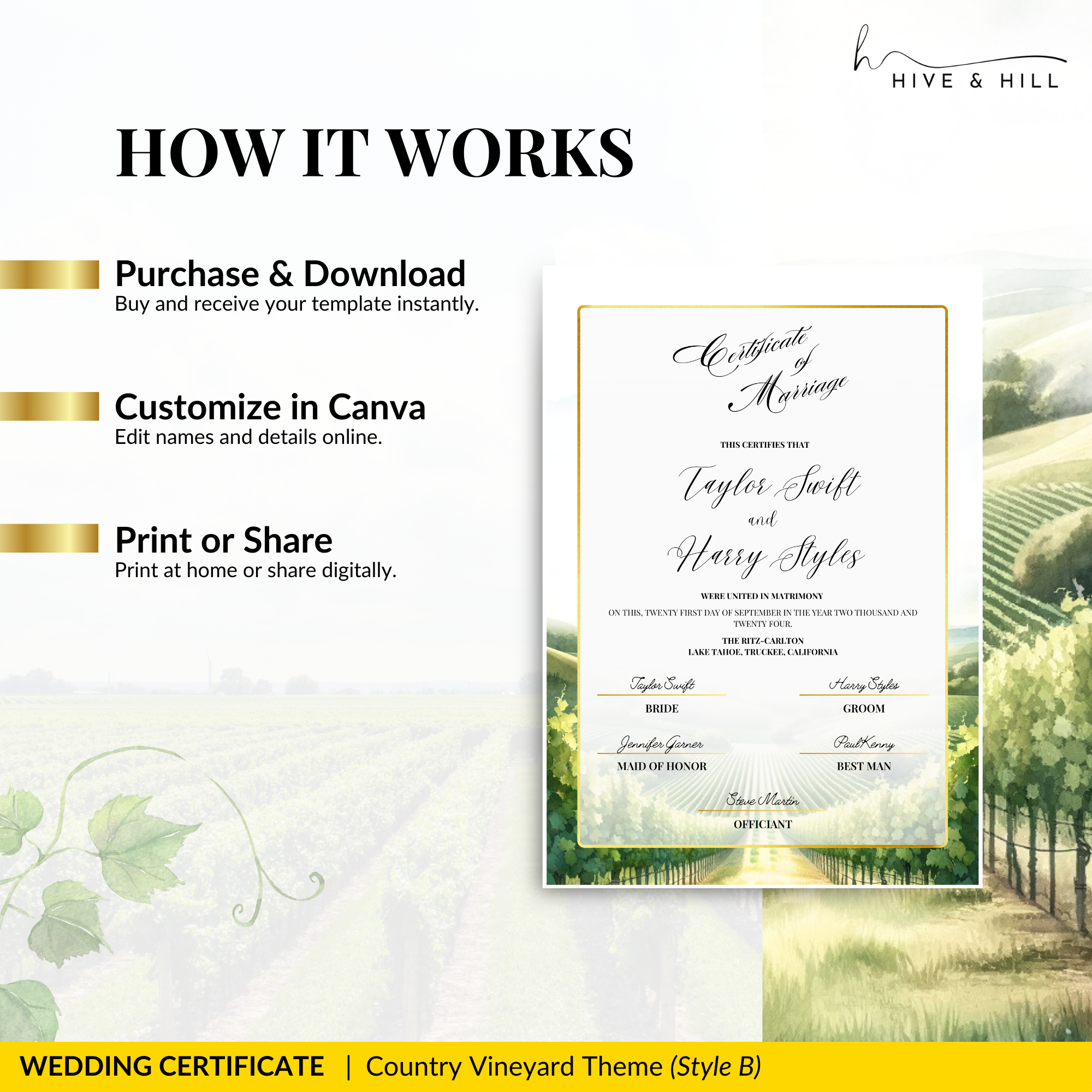 Countryside Bliss Portrait Wedding Certificate – Elegant Farm & Field Design