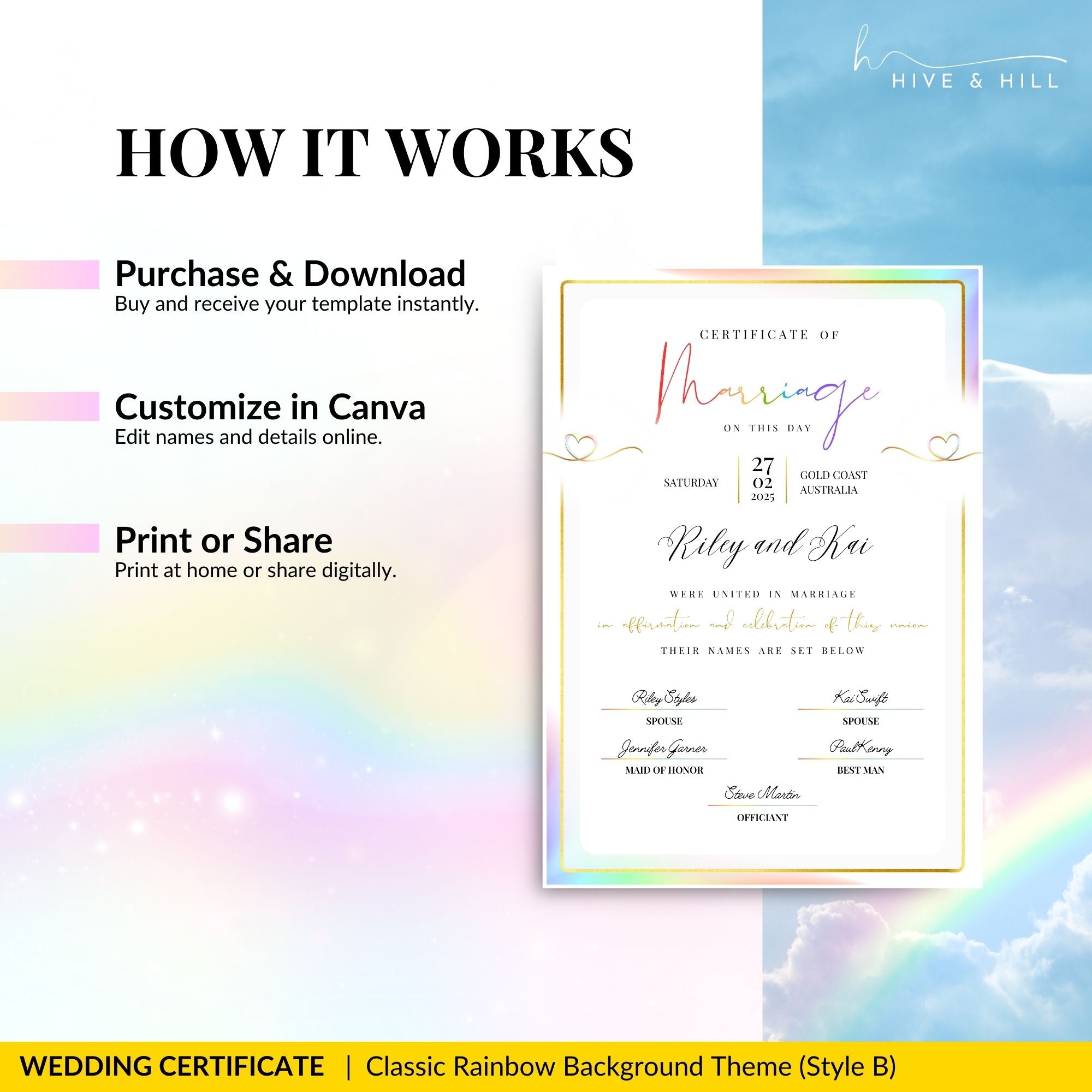 Rainbow Pride Wedding Certificate – LGBTQ+ Couple’s Keepsake