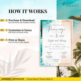 Beach Design Wedding Certificate – Beautiful Aerial Beach & Surf Design