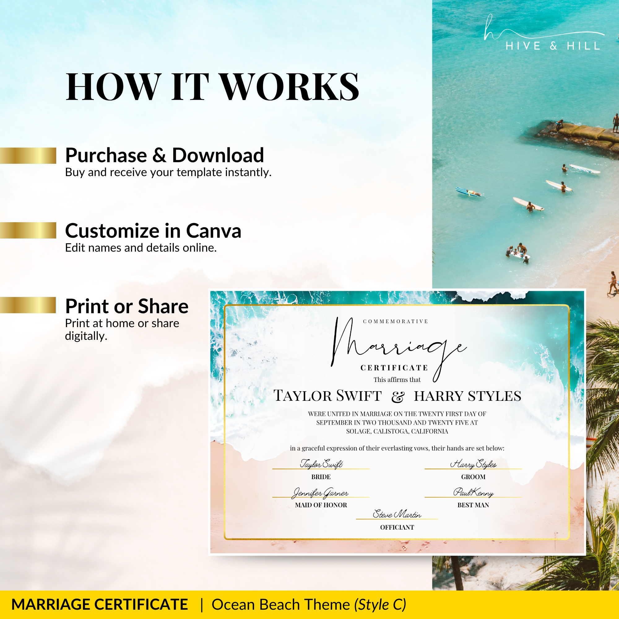 Endless Horizon Surfside Wedding Certificate – Aerial Beach & Sun-Inspired Memento