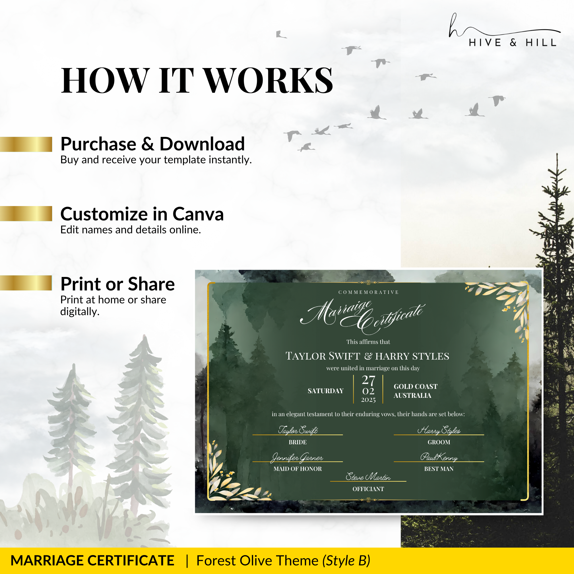 Woodland Harmony Landscape Wedding Certificate – Elegant Forest-Inspired Design
