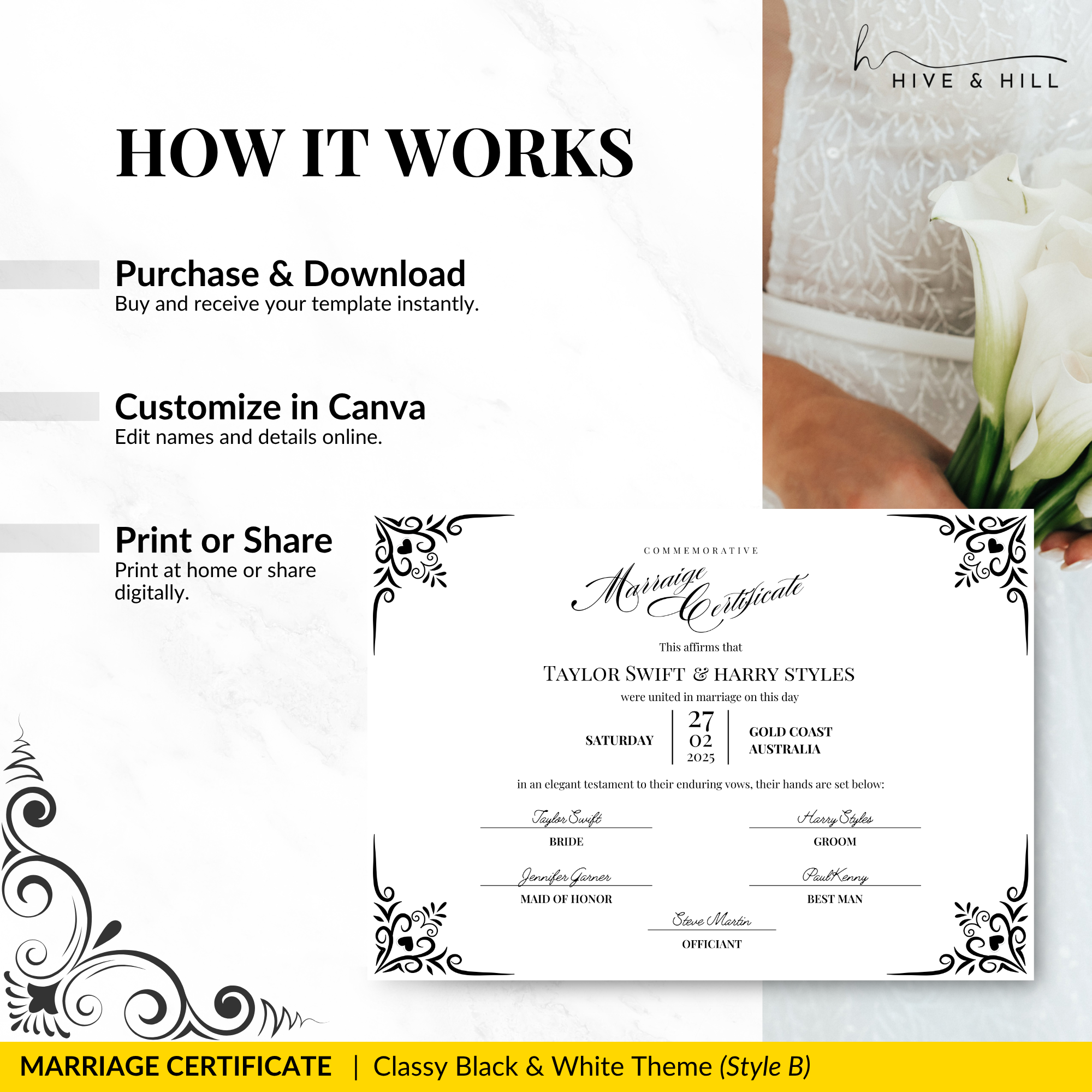 Timeless Black and White Landscape Marriage Certificate – Elegant Wedding Keepsake