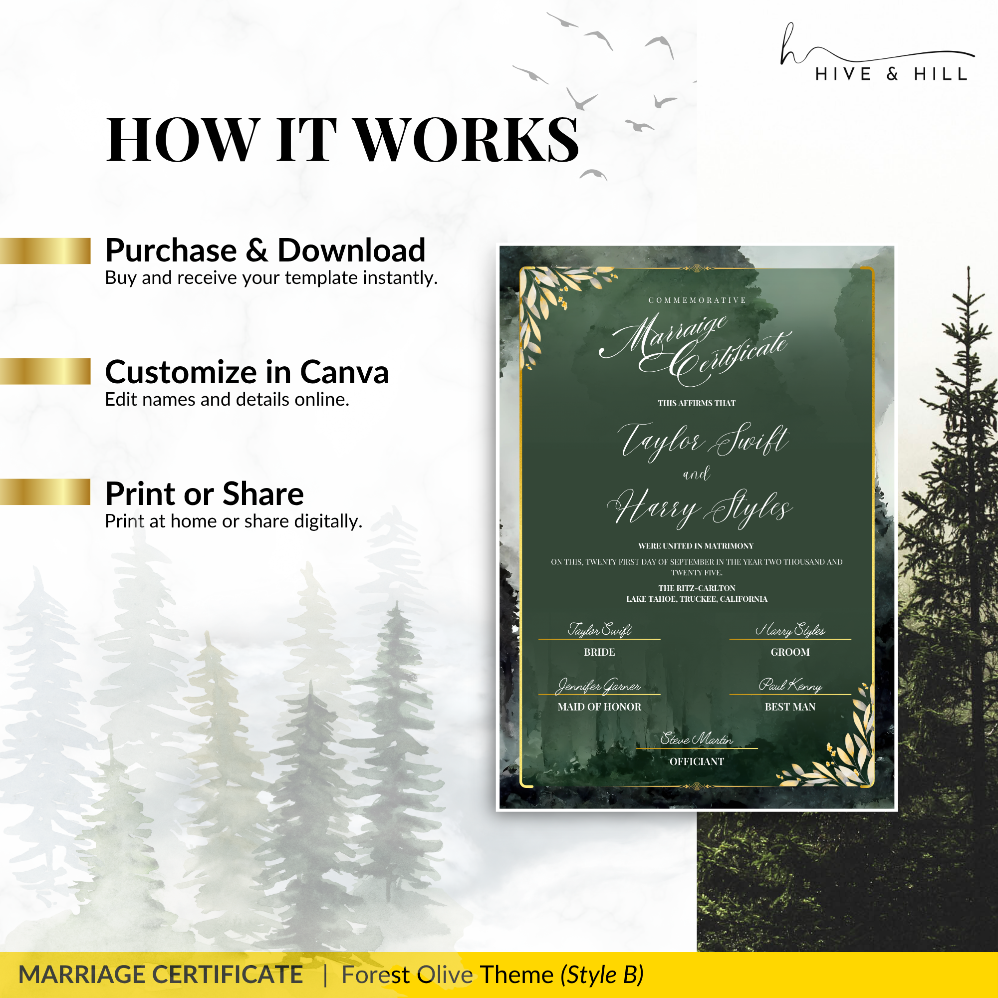 Woodland Harmony Portrait Wedding Certificate – Elegant Forest-Inspired Design